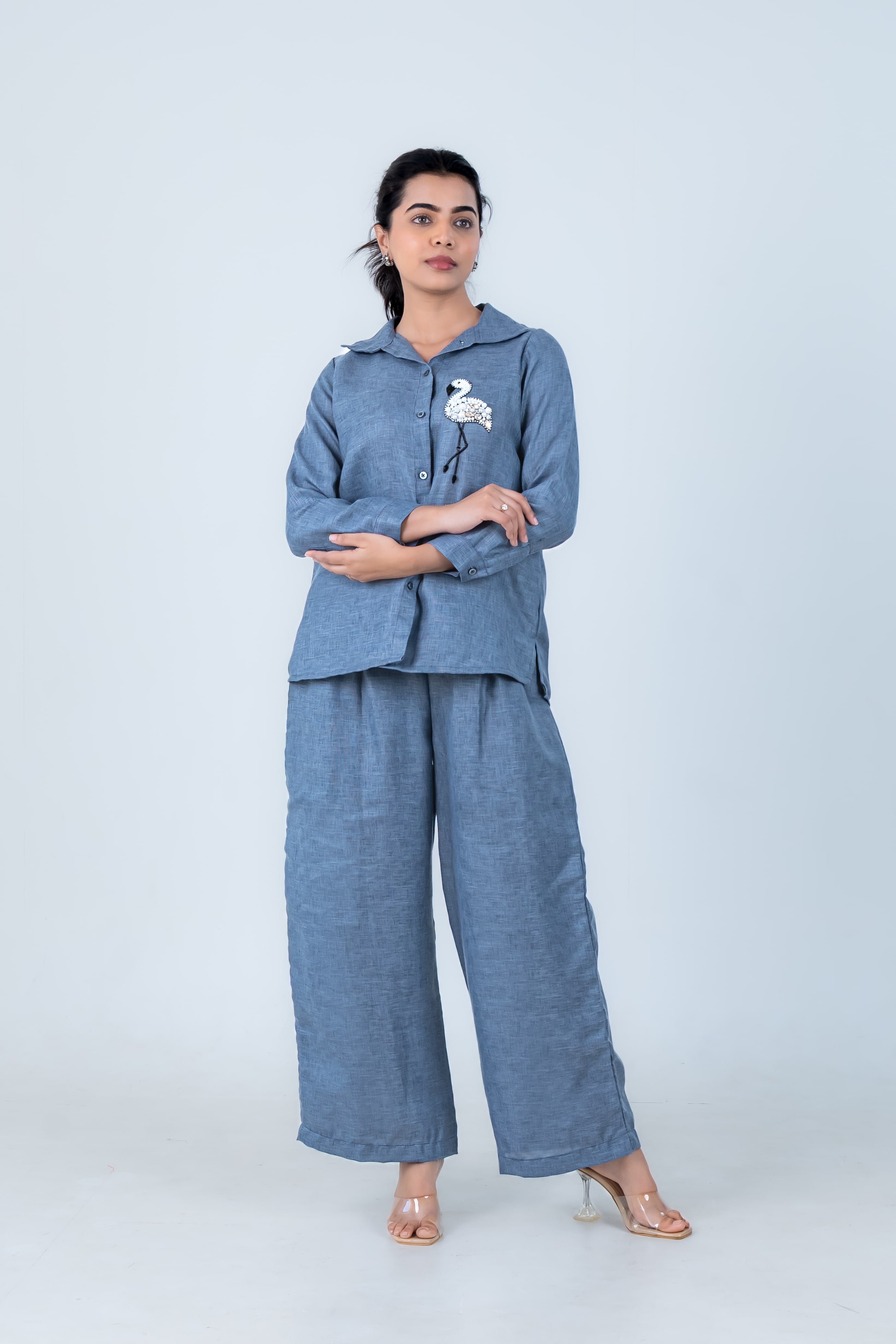 Twilight Linen Co-Ord with Flamingo Embroidery