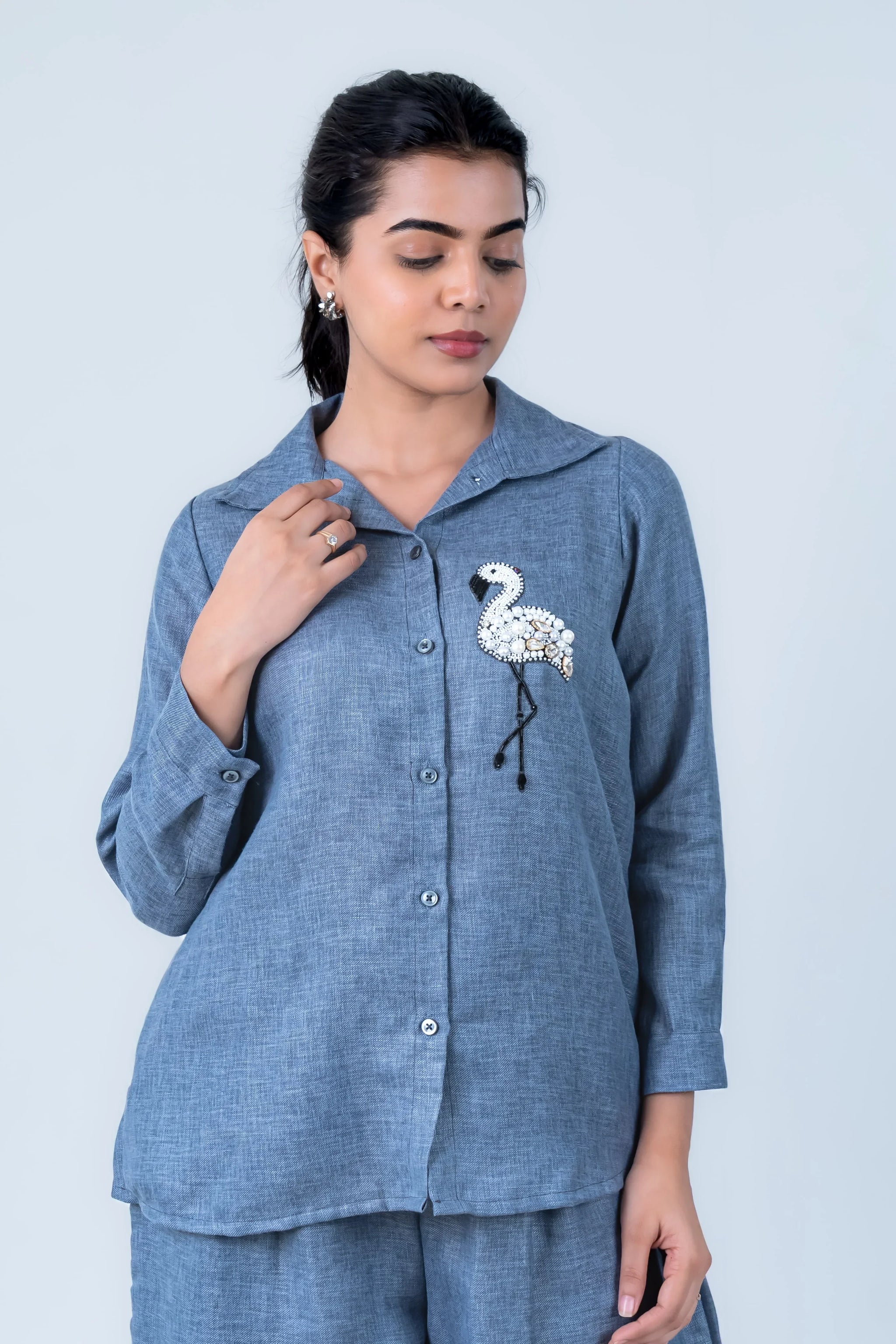 Blue linen pajama set with flamingo embellishment, cozy women's loungewear