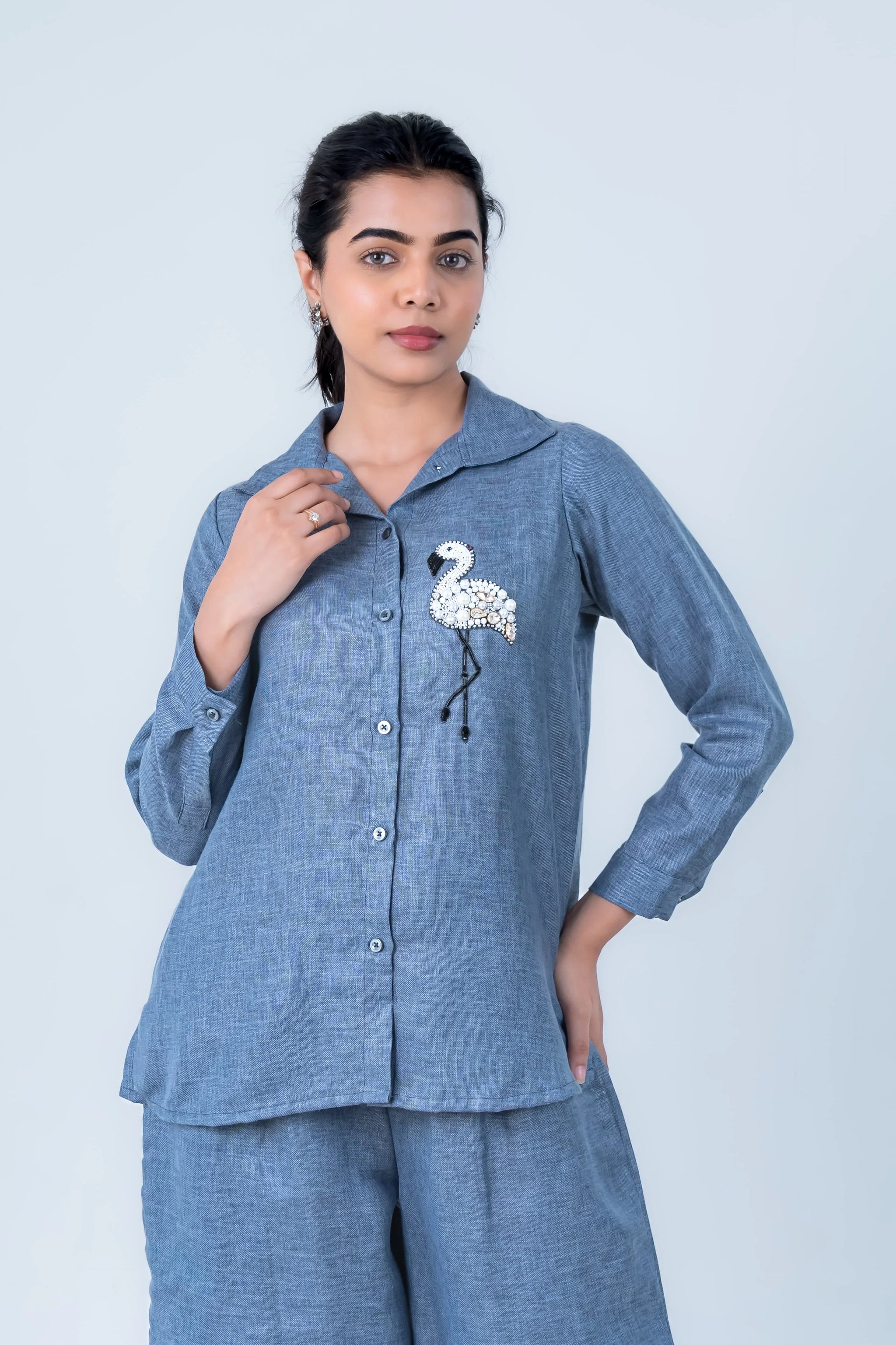 Blue linen co-ord set with flamingo embellishment, stylish women's everyday wear