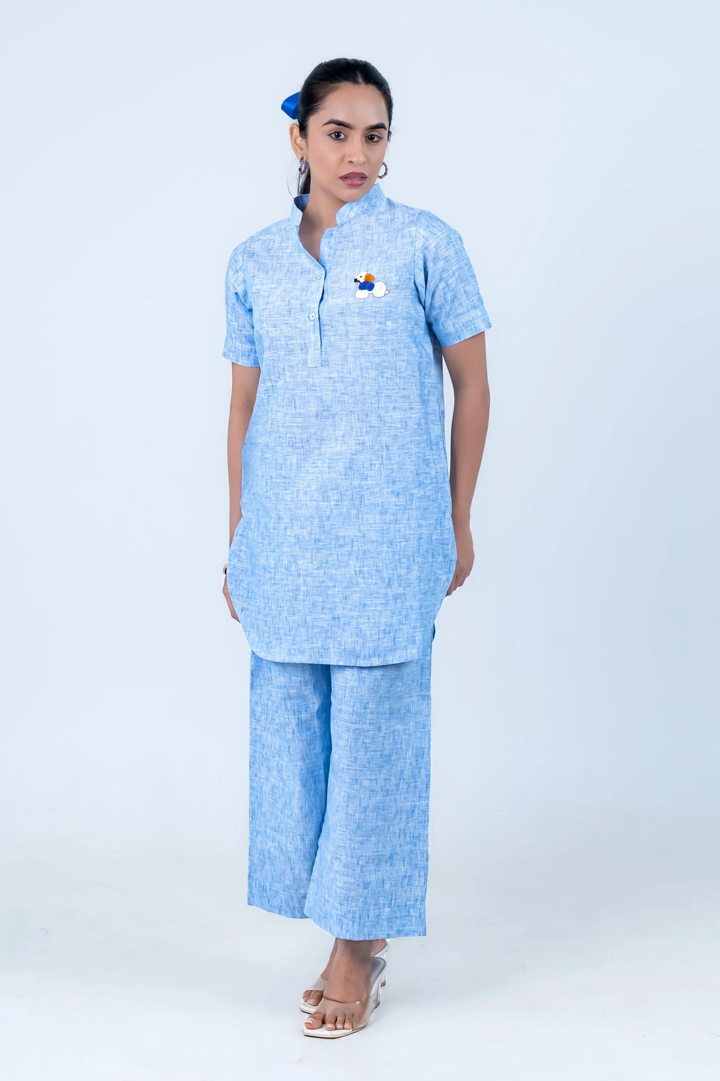 Light blue linen co-ord set with embroidered detail, perfect for casual everyday wear