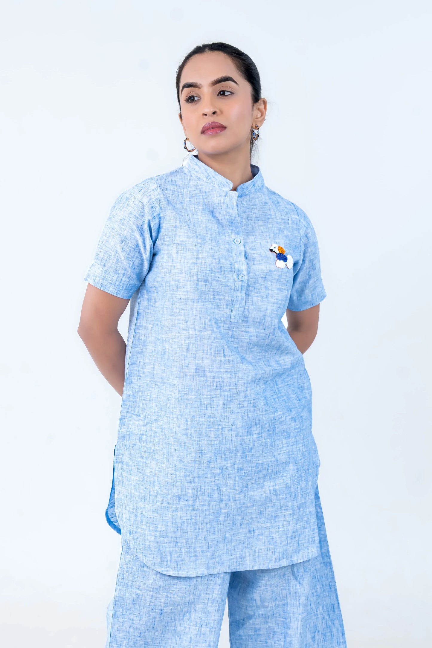 Light blue linen co-ord set with embroidered detail, perfect for everyday comfort and style.