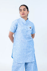 Light blue linen co-ord set with embroidered detail, perfect for everyday comfort and style.