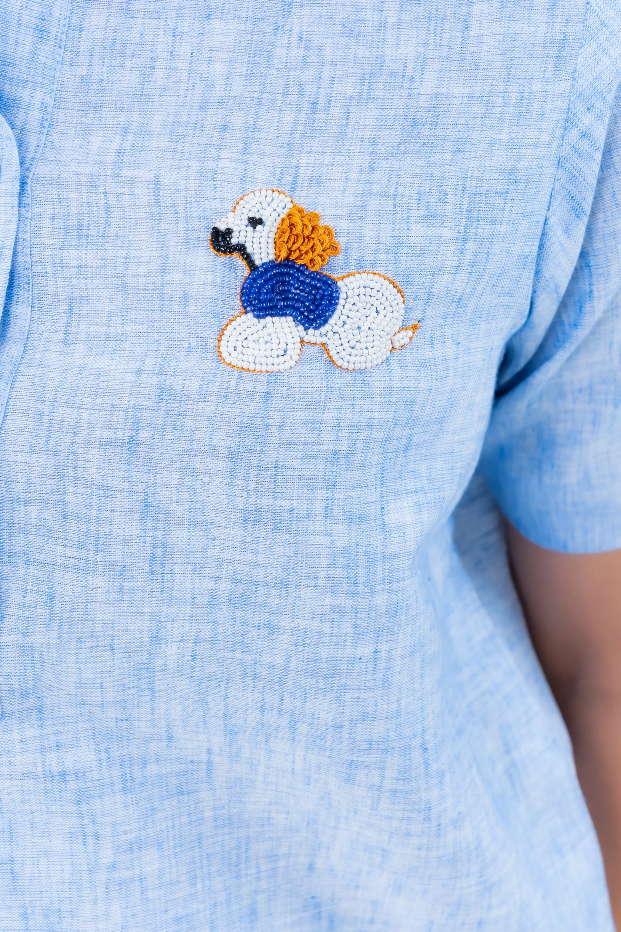 Blue dress with cute beaded poodle embroidery, stylish women's fashion