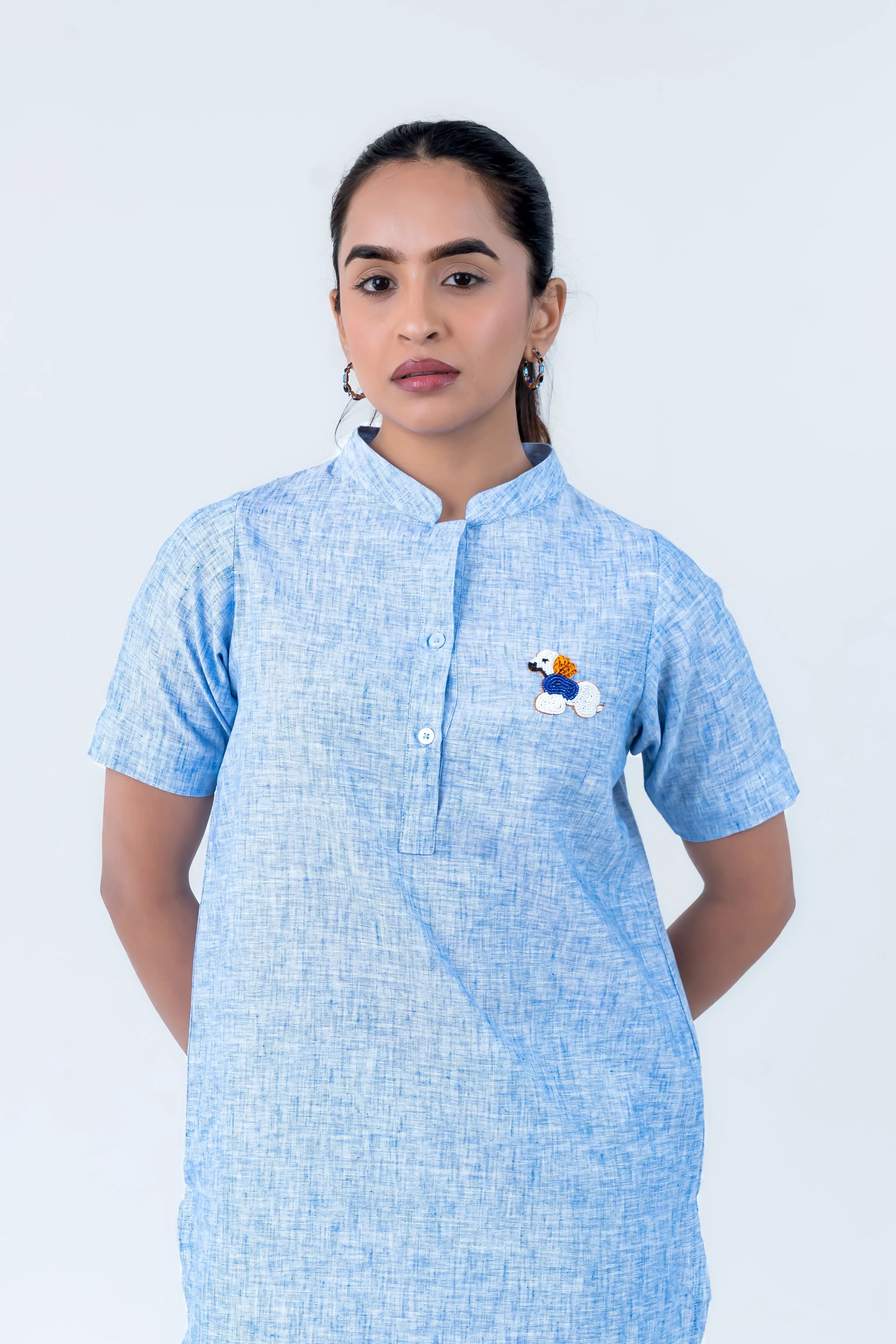 Light blue textured dress with embroidered dog design, short sleeves, and button front