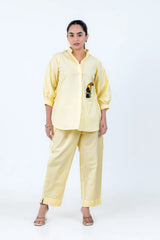 Yellow co-ord set with toucan embroidery, stylish women's outfit for everyday wear