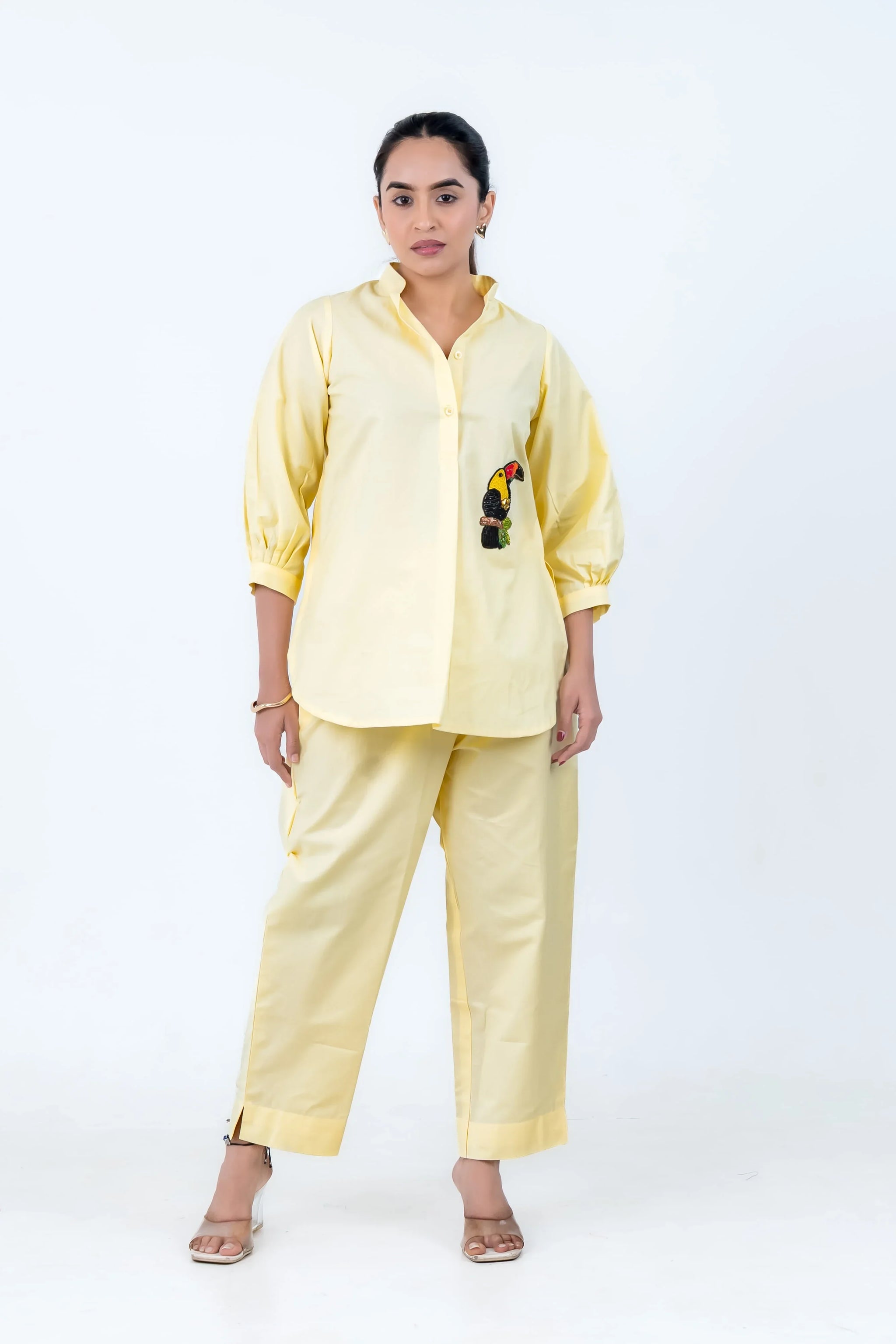 Yellow co-ord set with toucan embroidery, stylish women's outfit for everyday wear