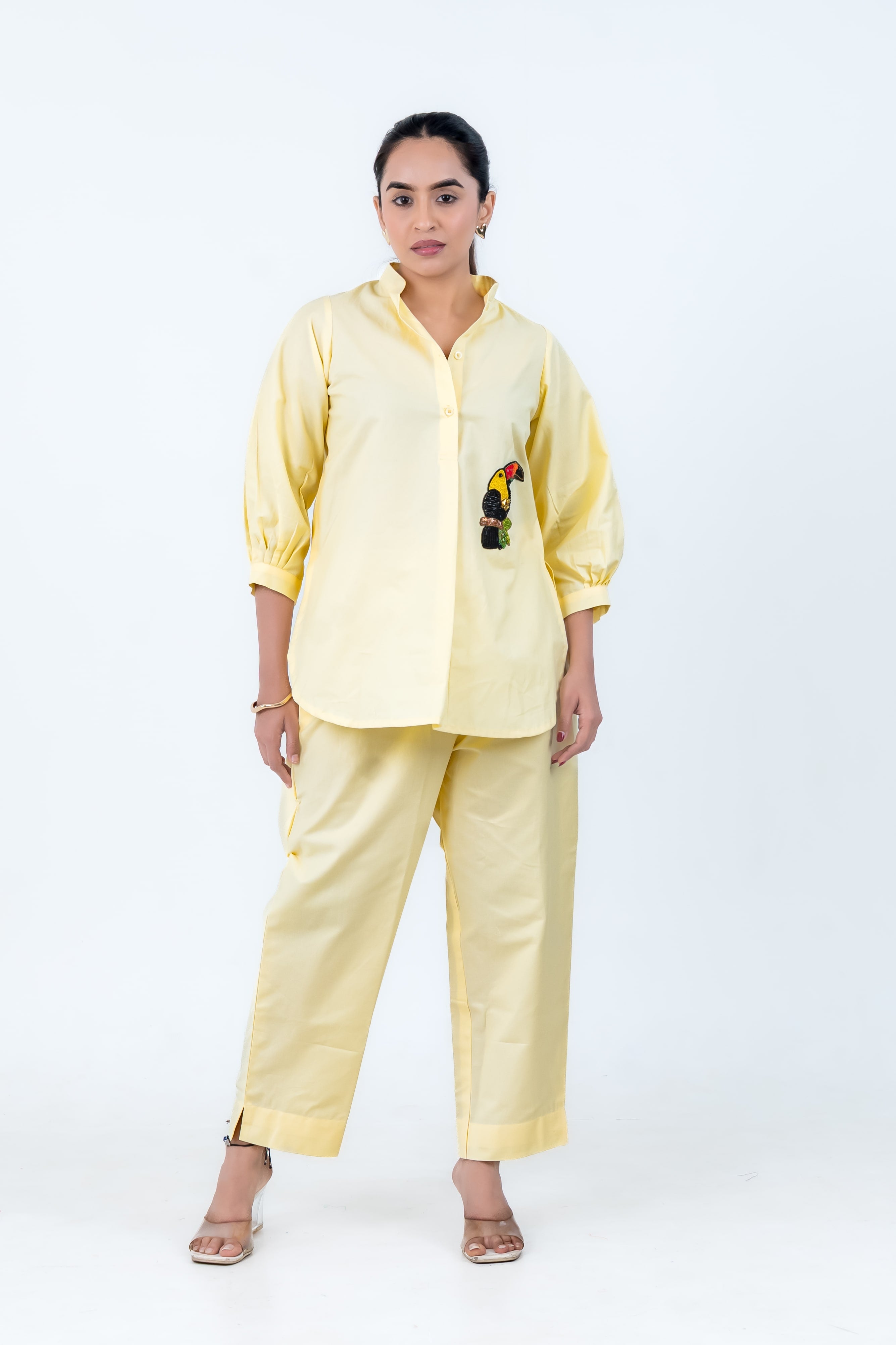 Butter Yellow Cotton Co-Ord with Toucan Embroidery