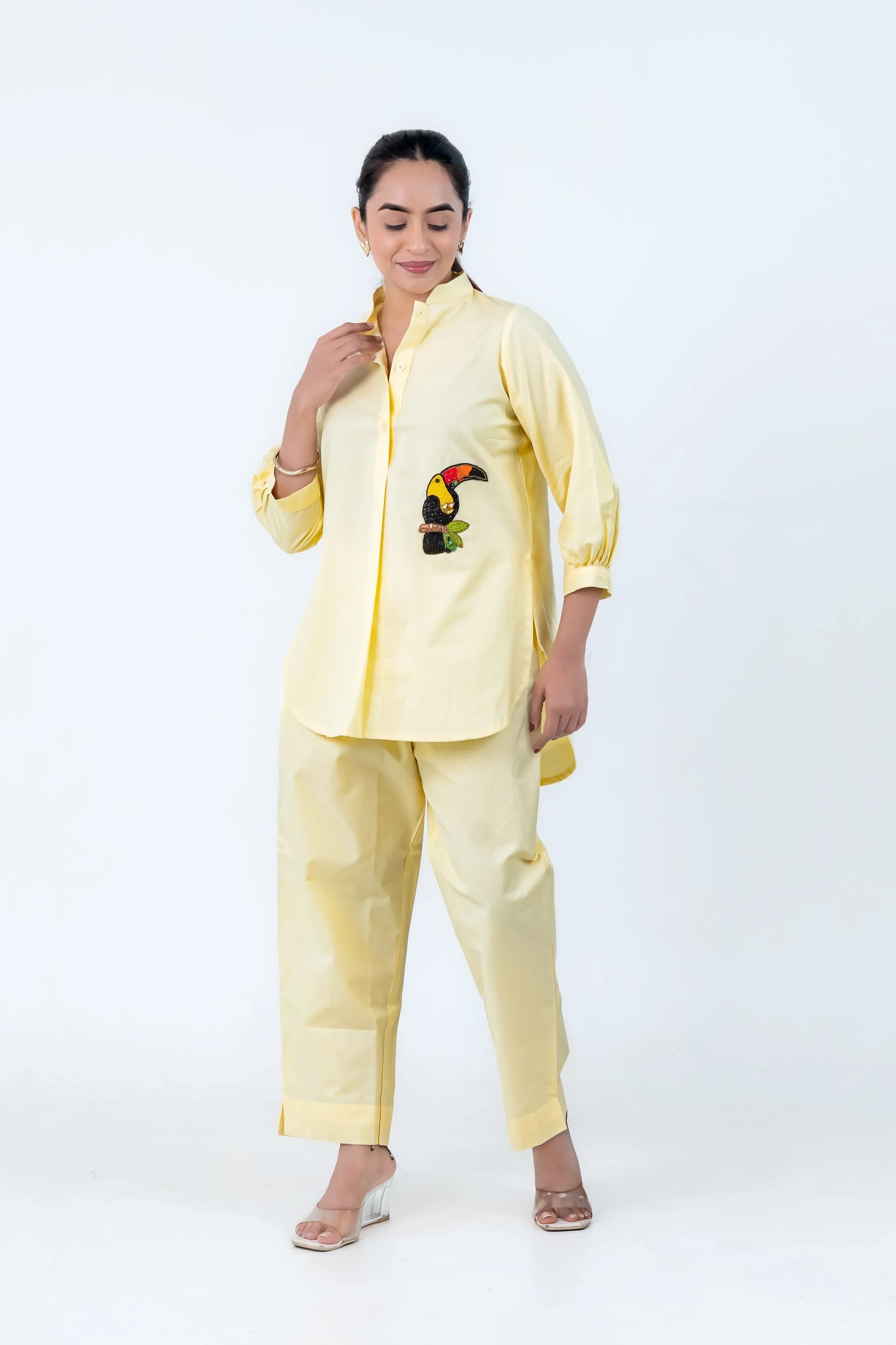 Yellow women's co-ord set with toucan embroidery, stylish and comfortable everyday wear