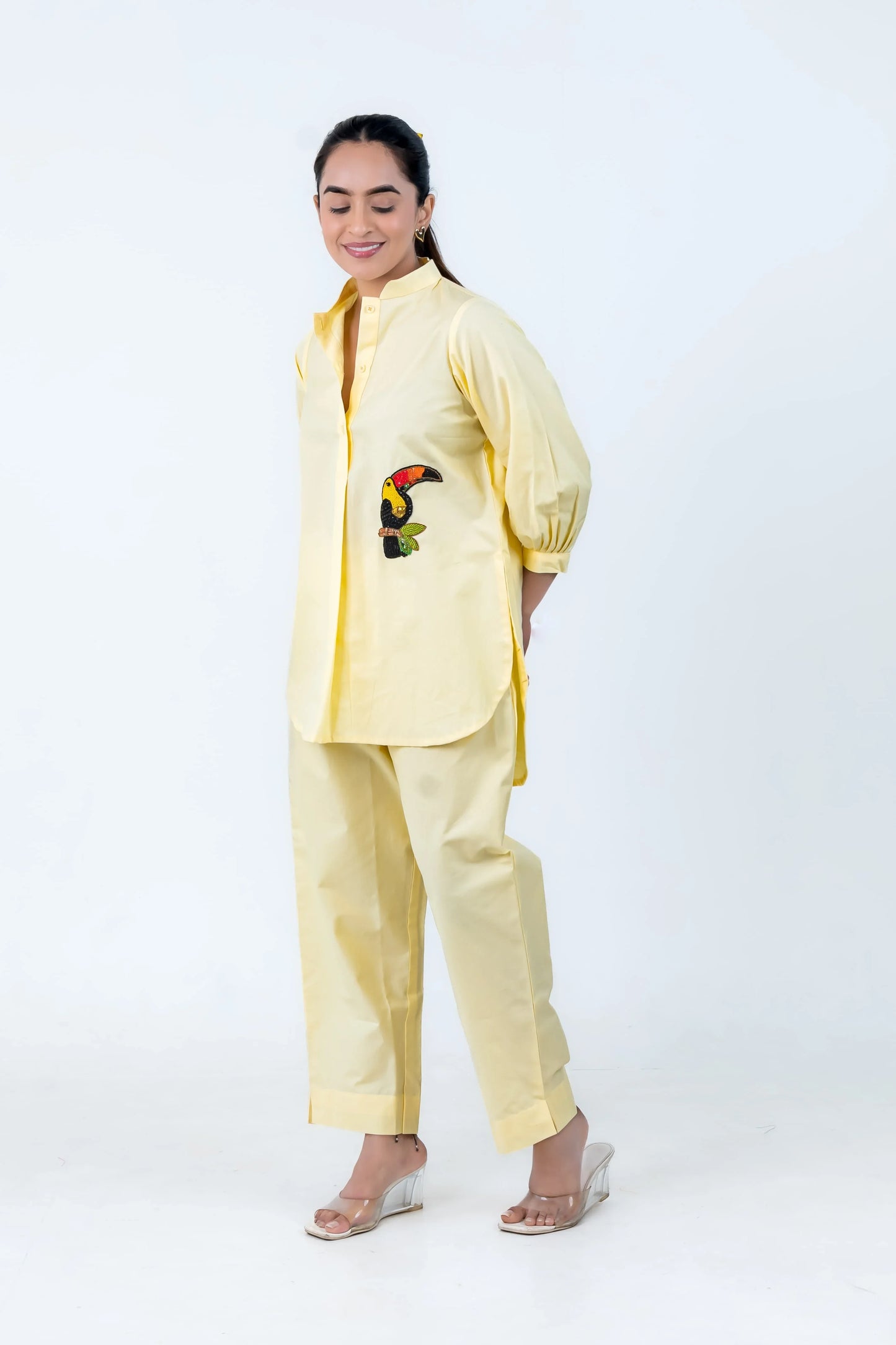 Yellow co-ord set with toucan embroidery, stylish women's outfit for everyday wear