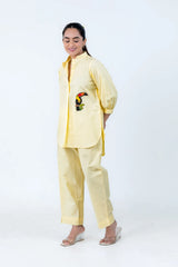 Yellow co-ord set with toucan embroidery, stylish women's outfit for everyday wear