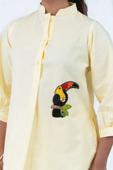 Yellow kurta with beaded toucan embroidery, stylish women's ethnic wear