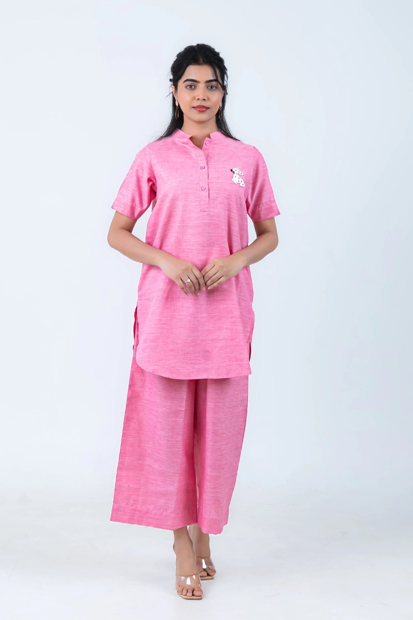 Pink women's co-ord set with dog embroidery, comfortable everyday style