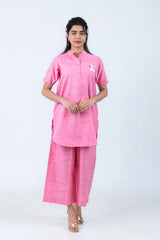 Pink women's co-ord set with dog embroidery, comfortable everyday style