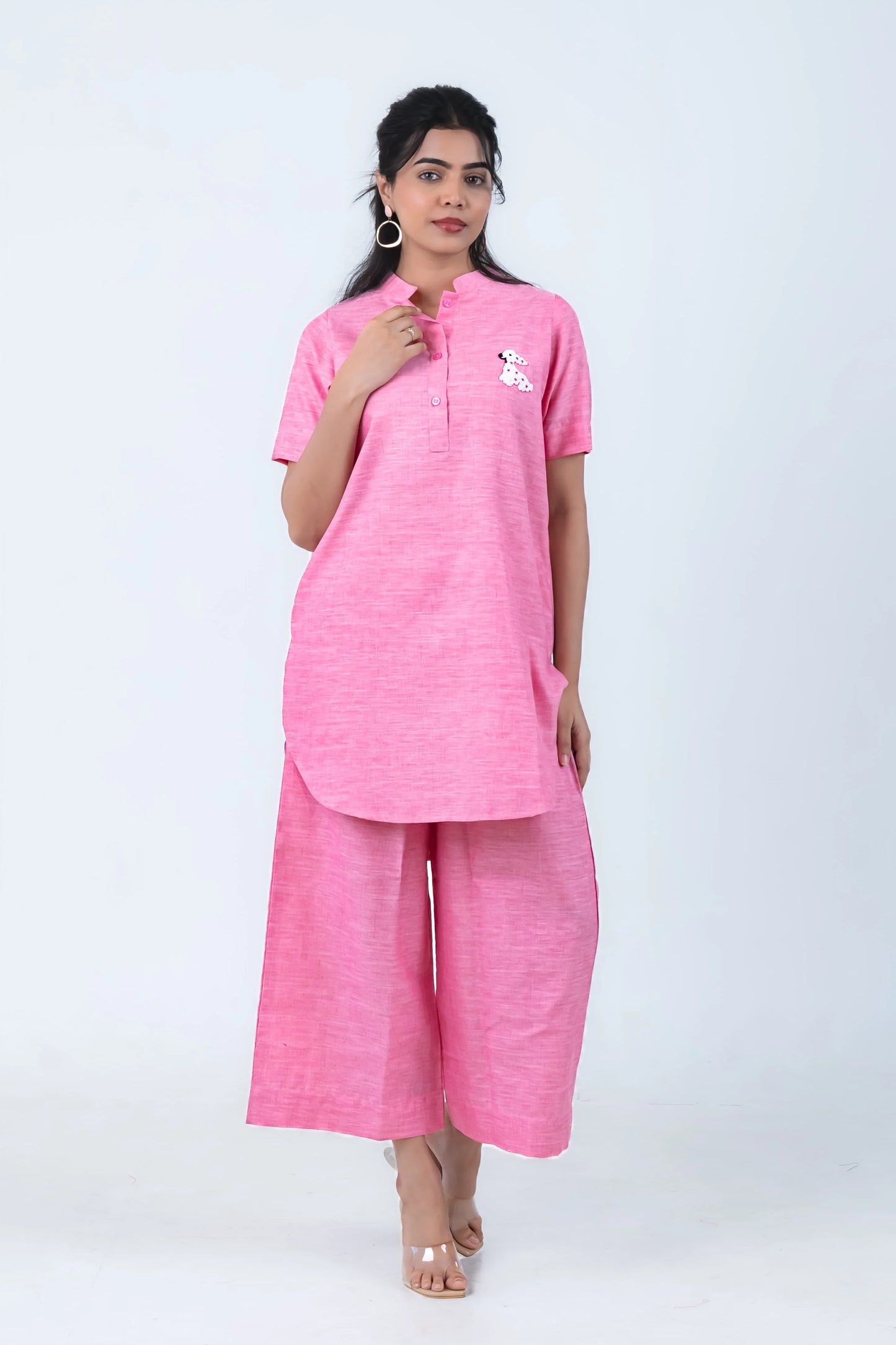 Pink women's co-ord set with dog embroidery, comfortable everyday style