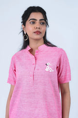Pink short-sleeve dress with sequin dog embroidery, stylish women's everyday wear