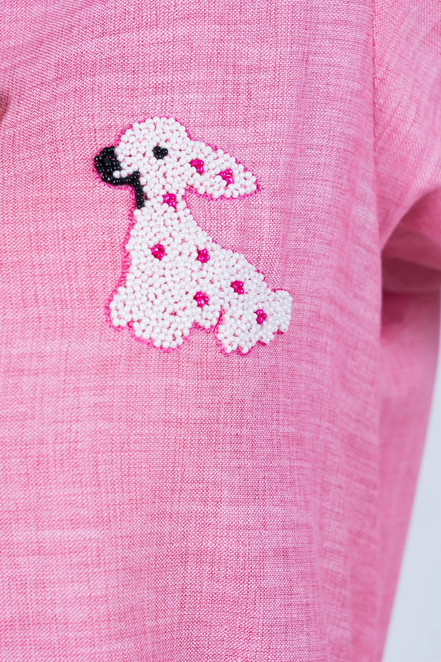 Pink dress with beaded poodle design, trendy women's fashion