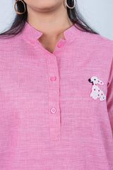 Pink button-down top with beaded poodle embroidery, stylish women's fashion