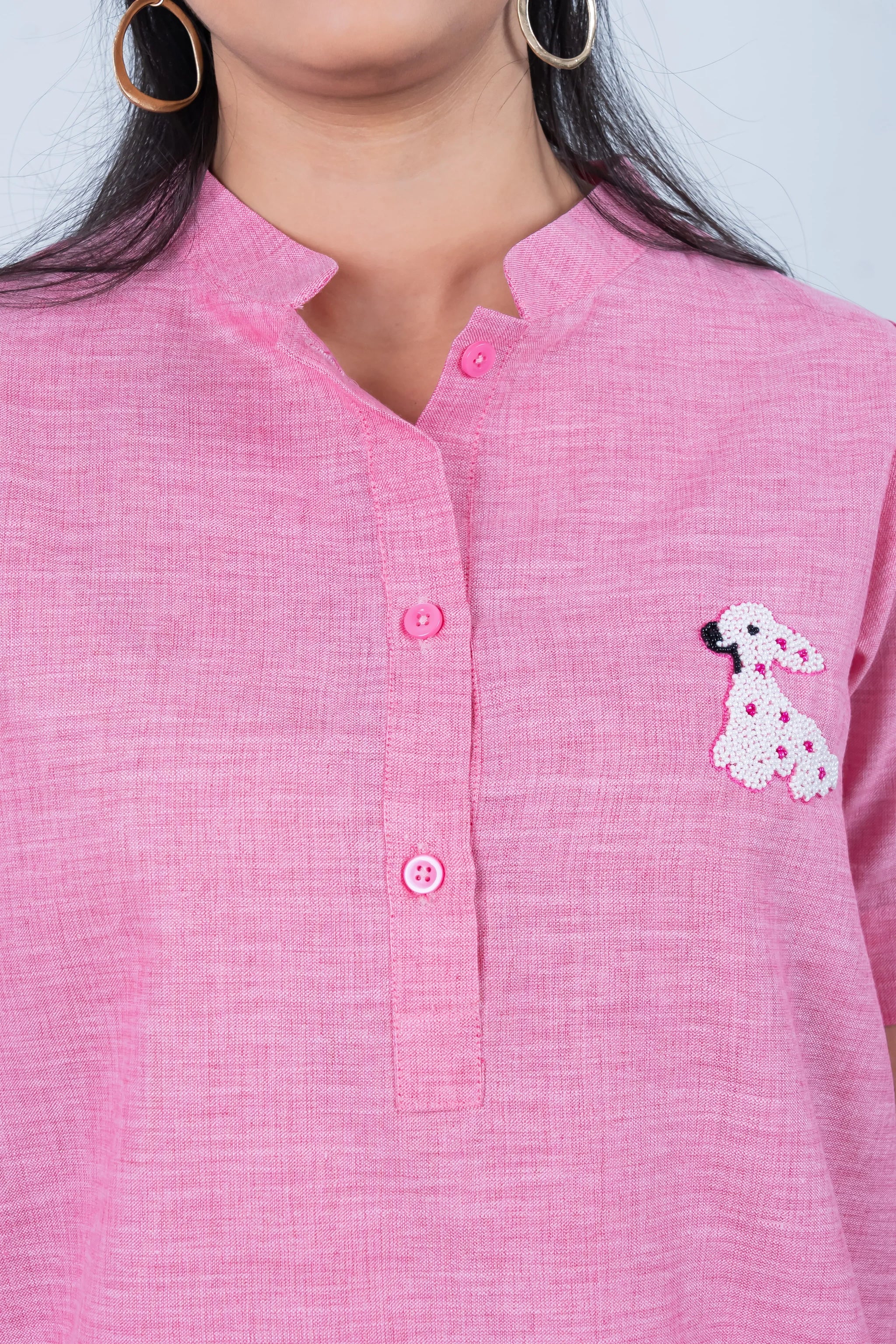 Pink button-down top with beaded poodle embroidery, stylish women's fashion