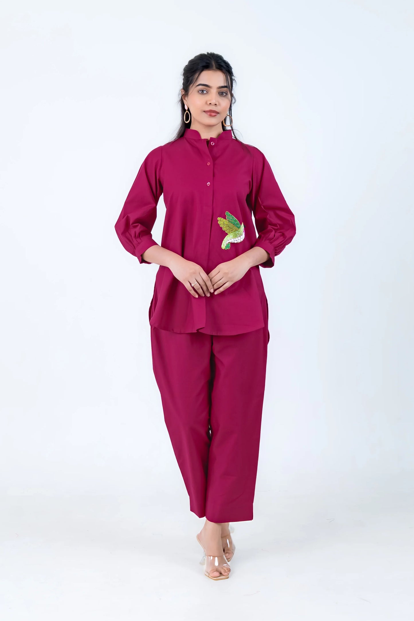 Burgundy co-ord set with bird embroidery, long sleeve top and wide pants for women