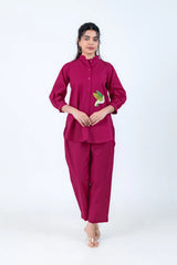 Burgundy co-ord set with bird embroidery, long sleeve top and wide pants for women