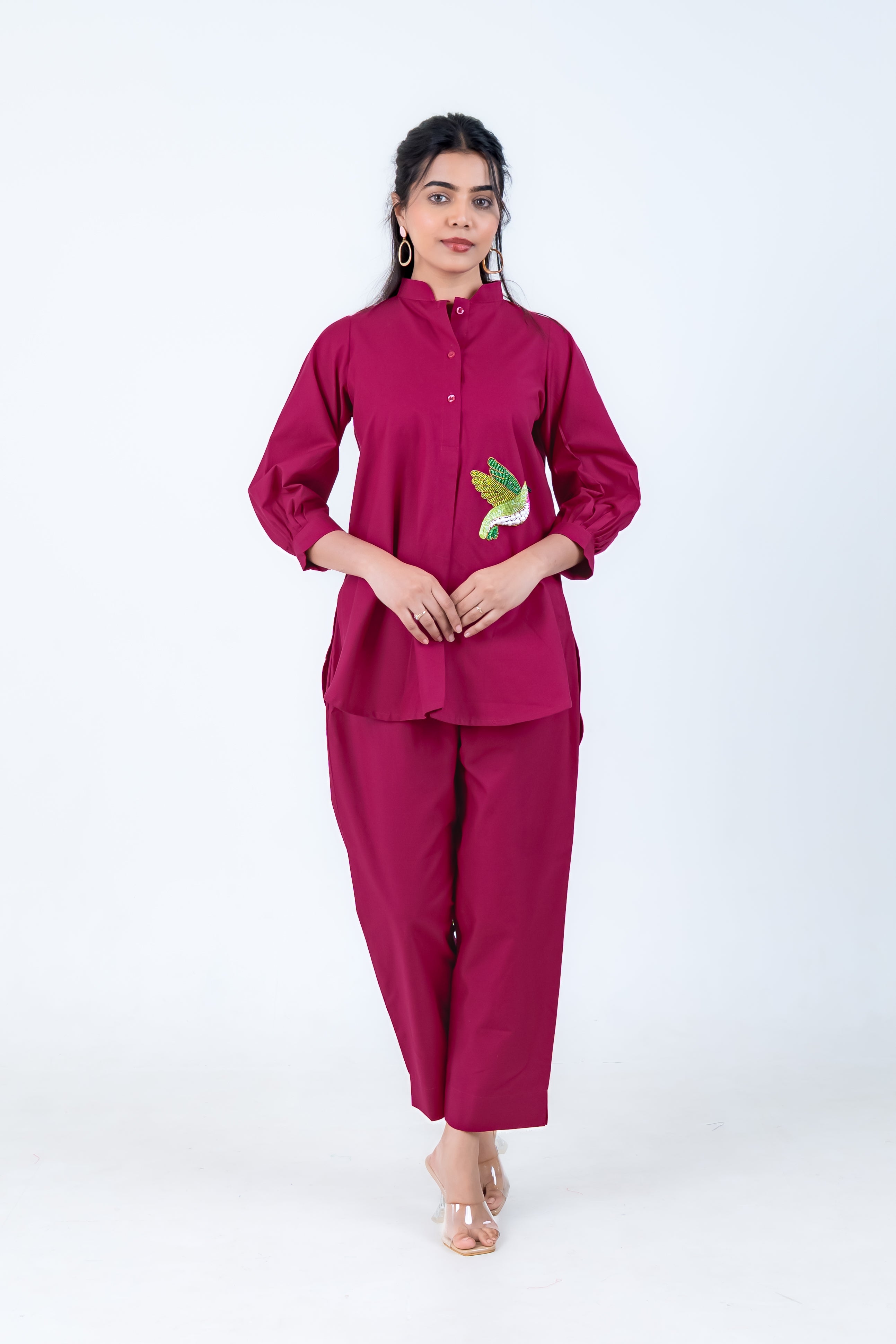 Wine Cotton Co-Ord with Bird Embroidery