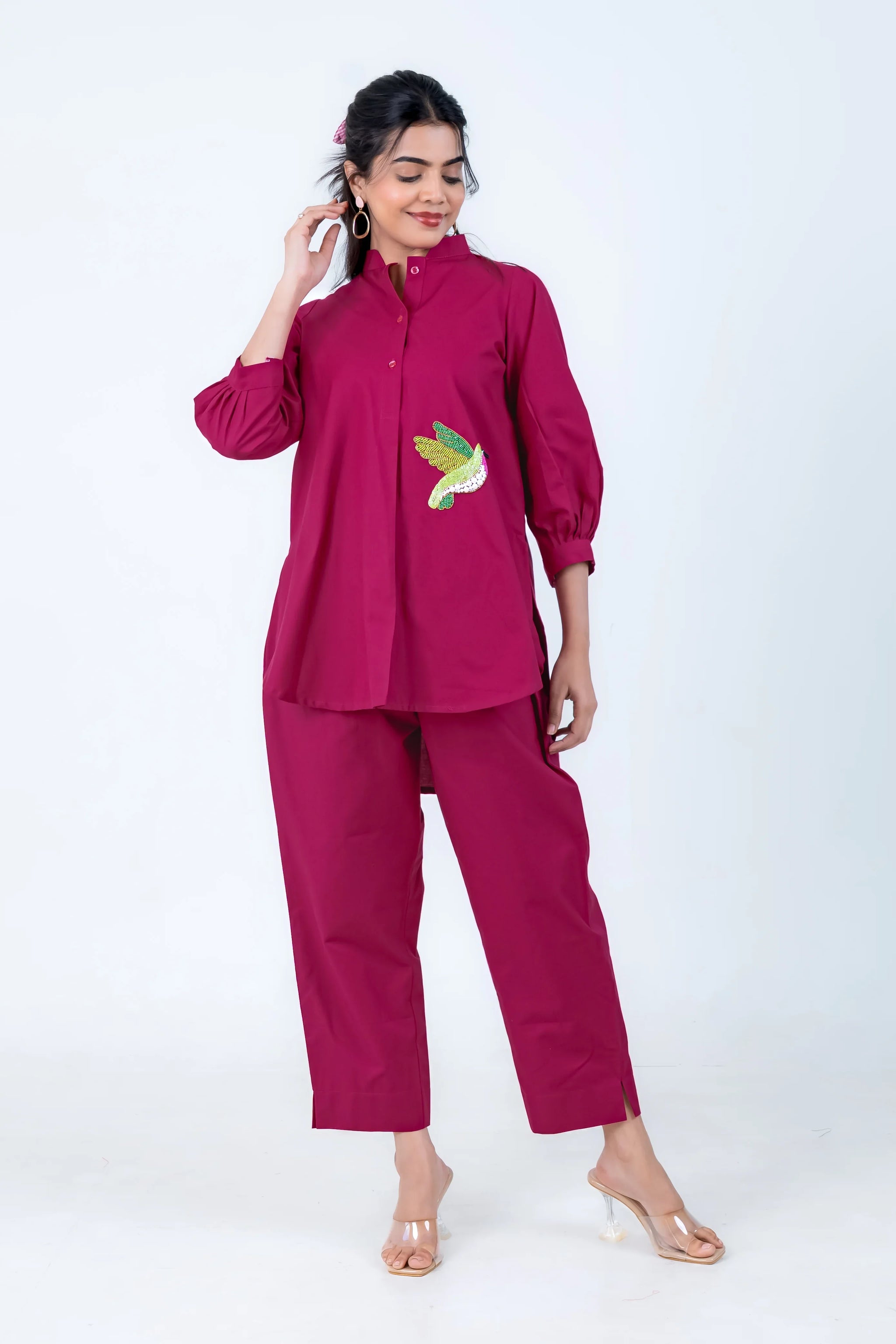 Magenta co-ord set with bird embroidery, stylish women's outfit for everyday wear