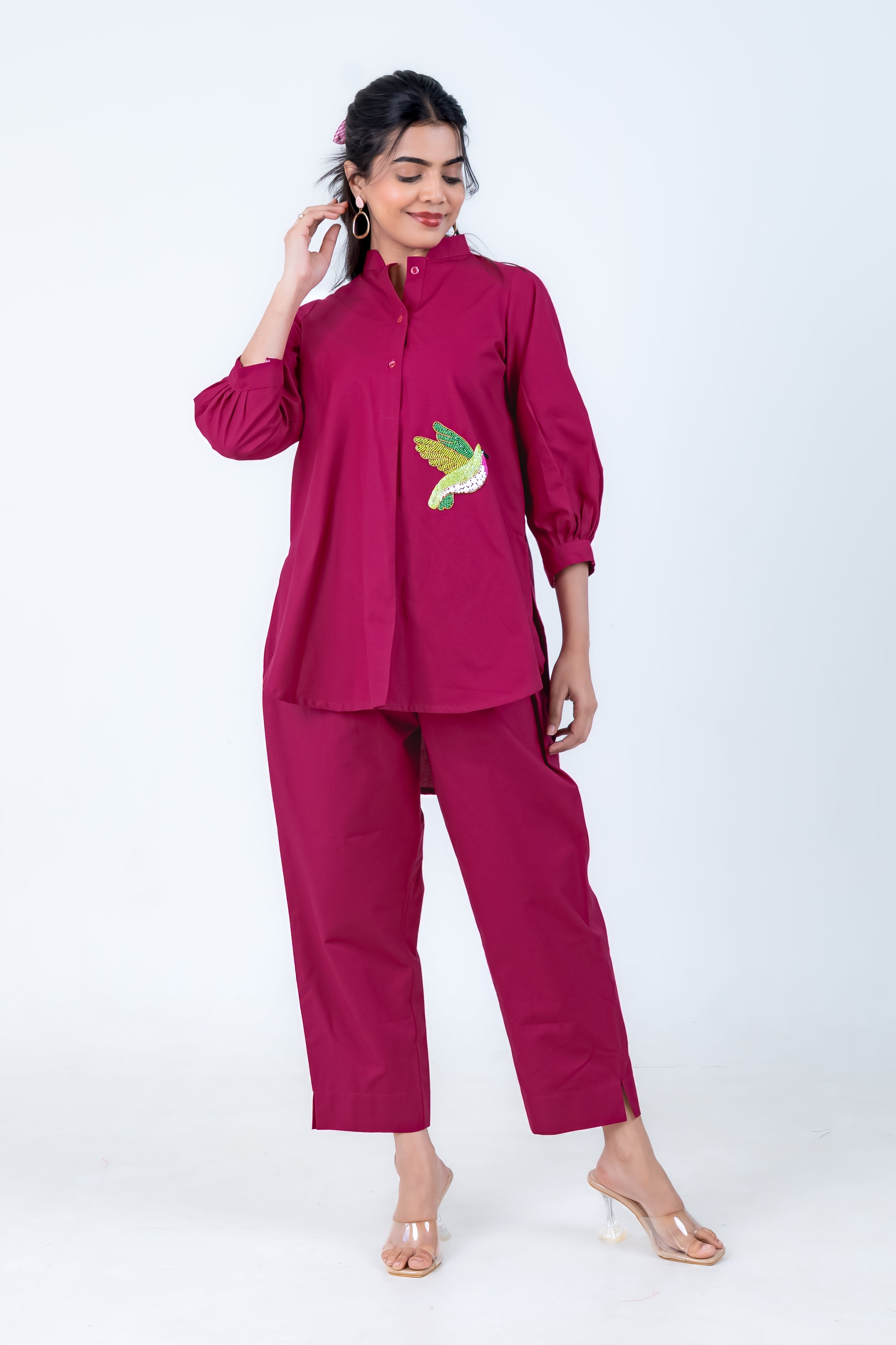 Wine Cotton Co-Ord with Bird Embroidery