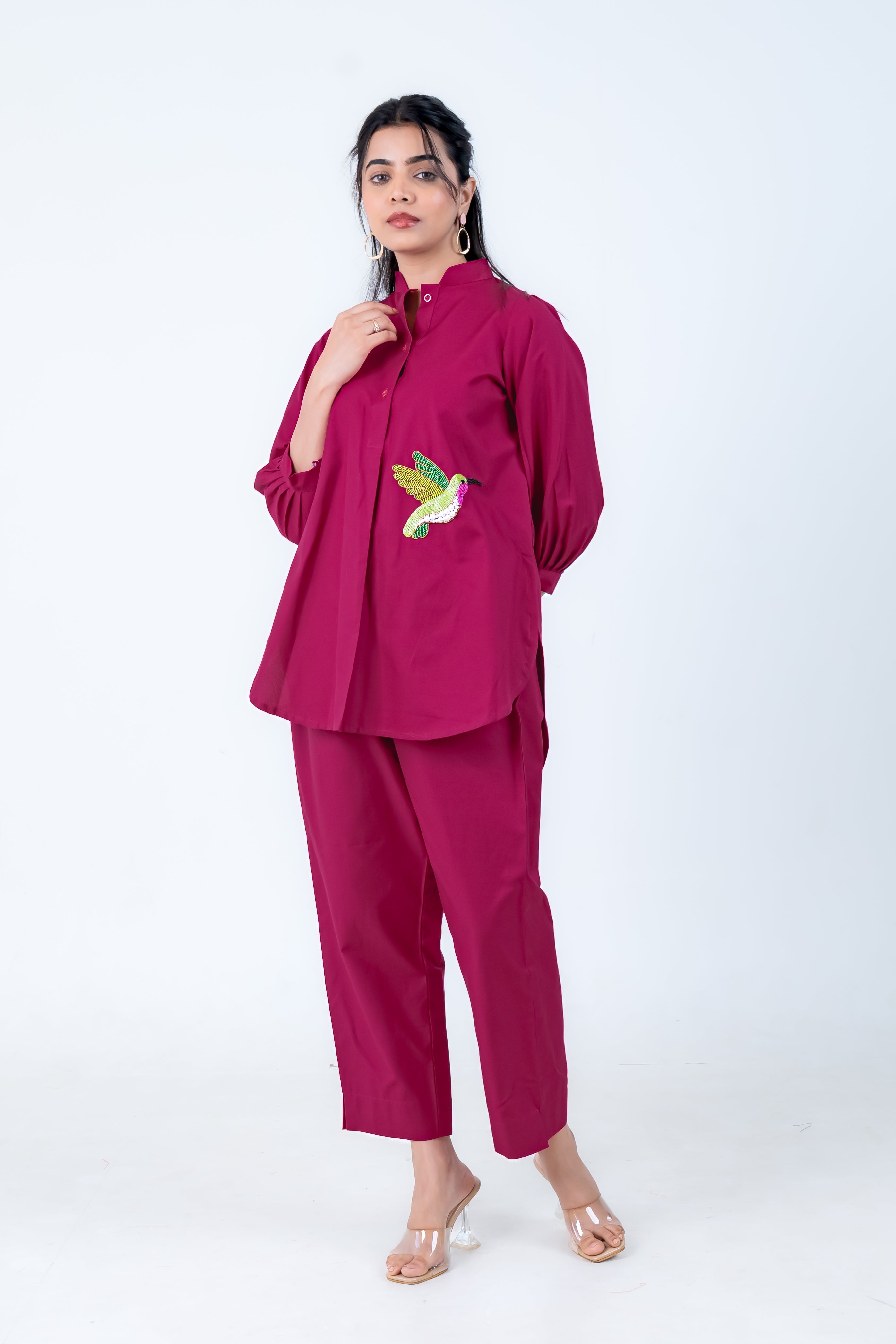 Wine Cotton Co-Ord with Bird Embroidery