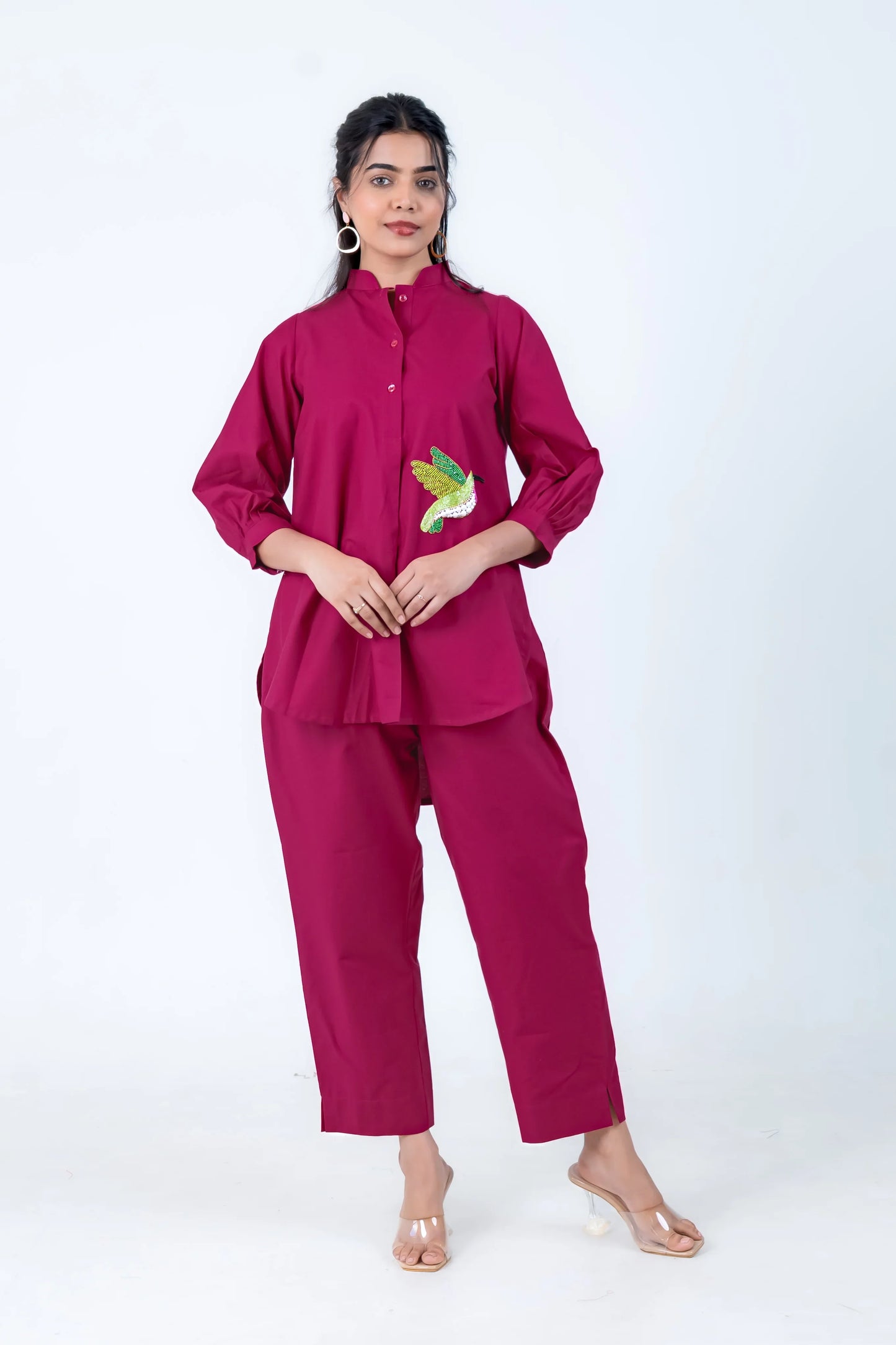 Magenta co-ord set with bird embroidery, stylish women's outfit for everyday wear