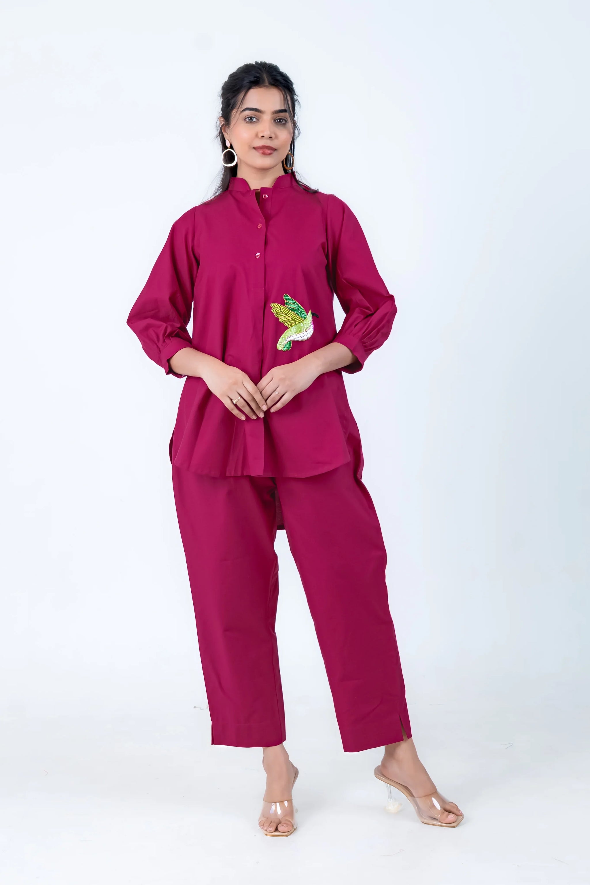 Magenta co-ord set with bird embroidery, stylish women's outfit for everyday wear