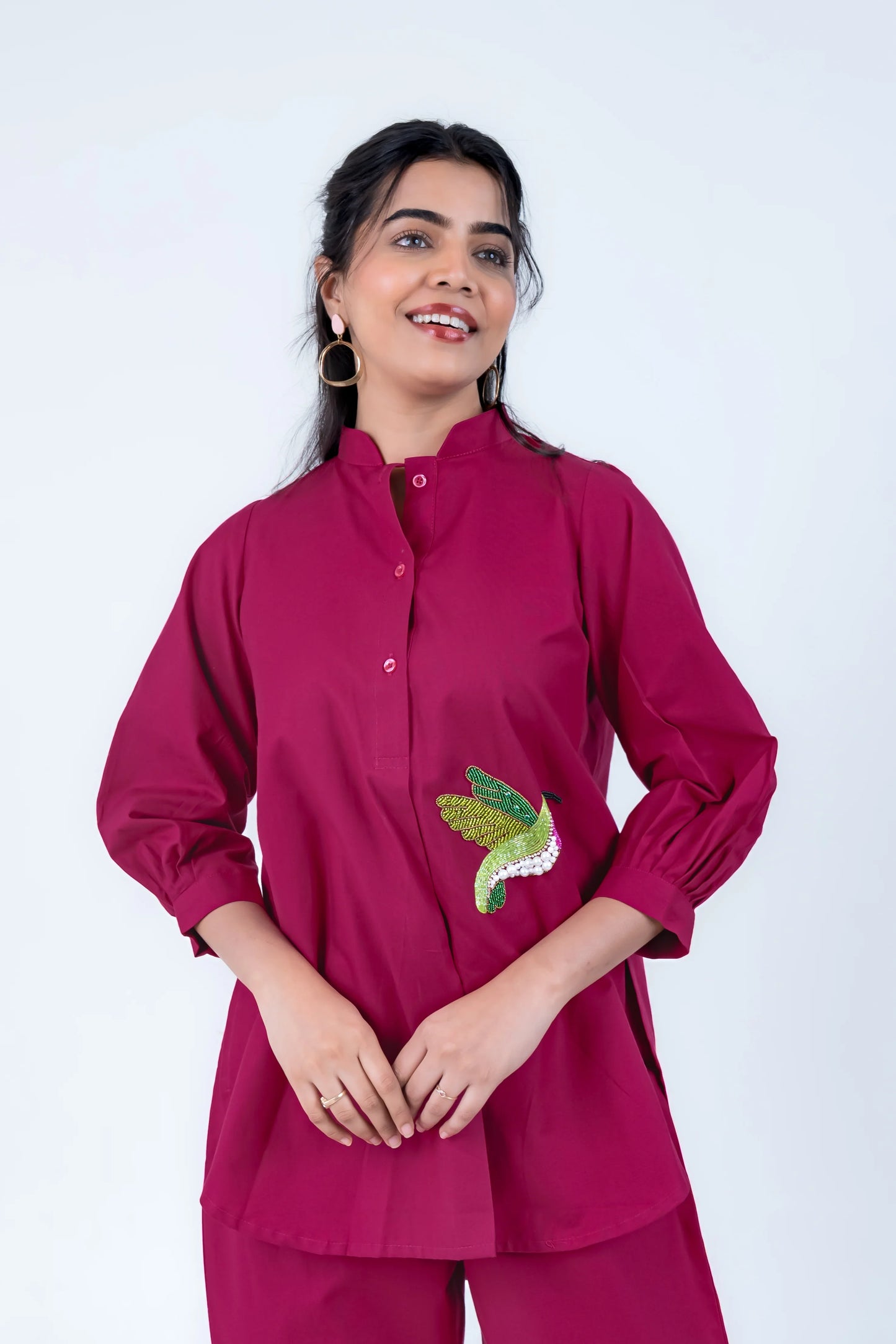 Magenta embroidered tunic with green bird design, stylish women's co-ord set