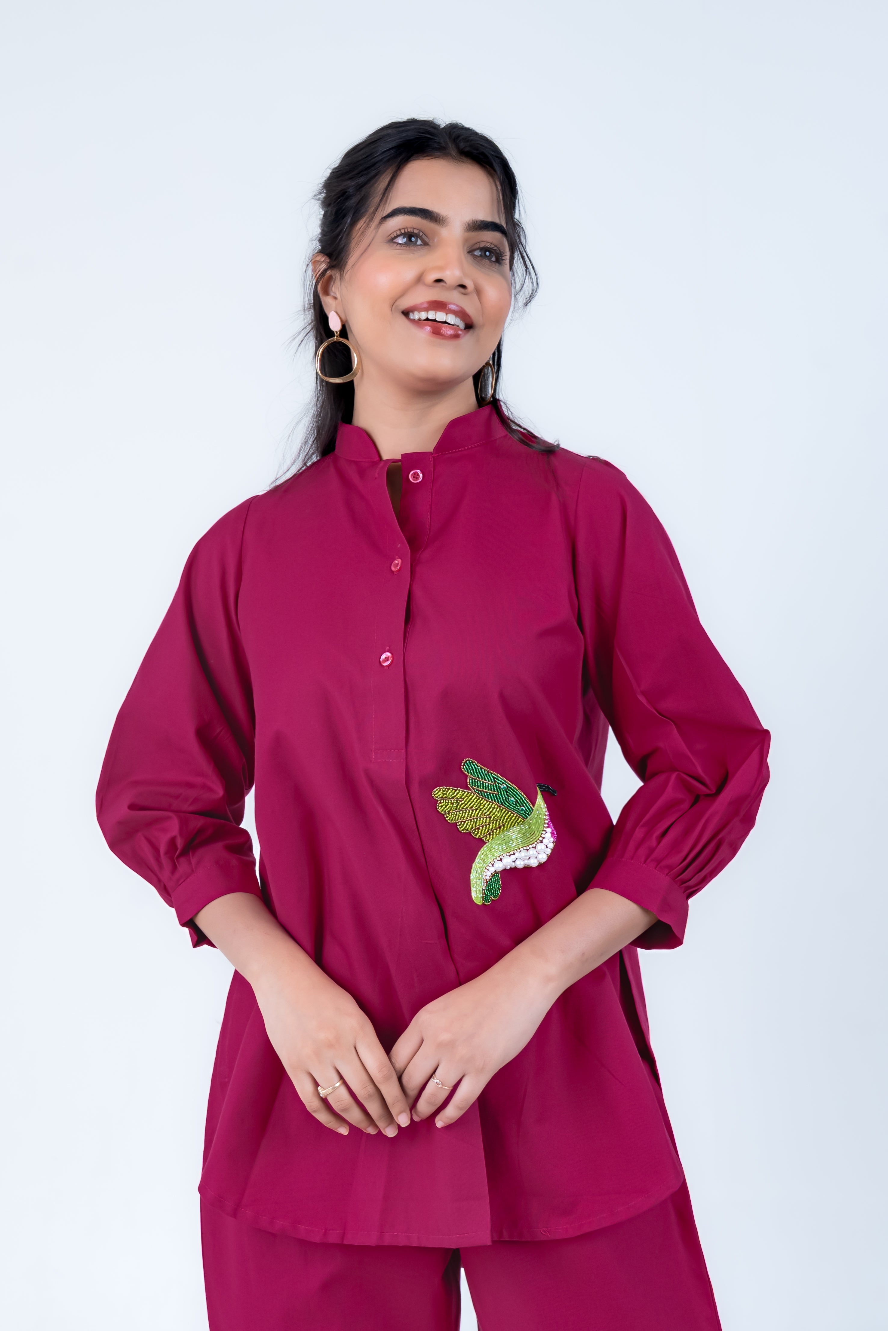 Wine Cotton Co-Ord with Bird Embroidery