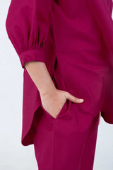 Magenta women's dress with puff sleeves and side pockets, comfortable everyday style