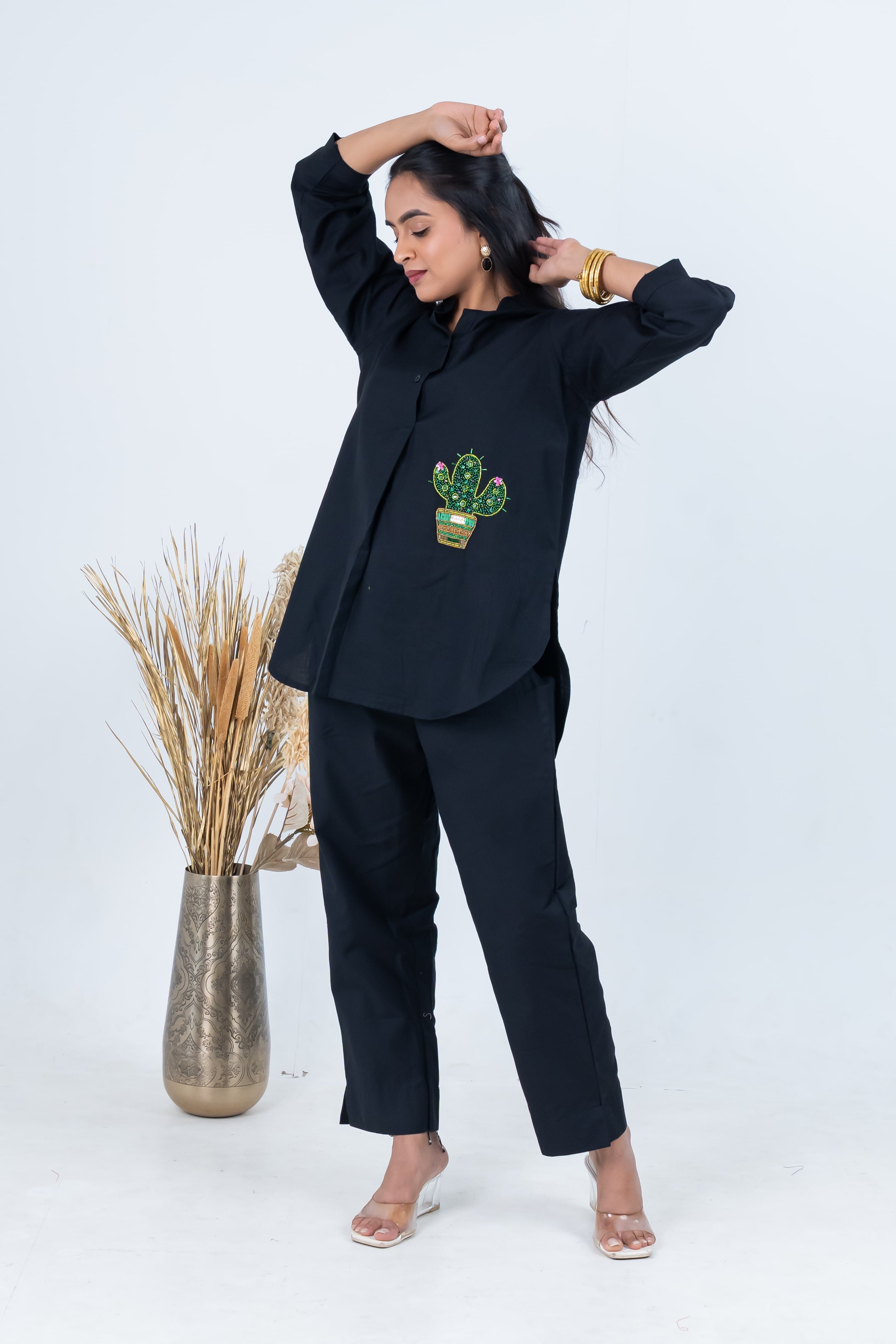 Black Cotton Co-Ord with Cactus Embroidery