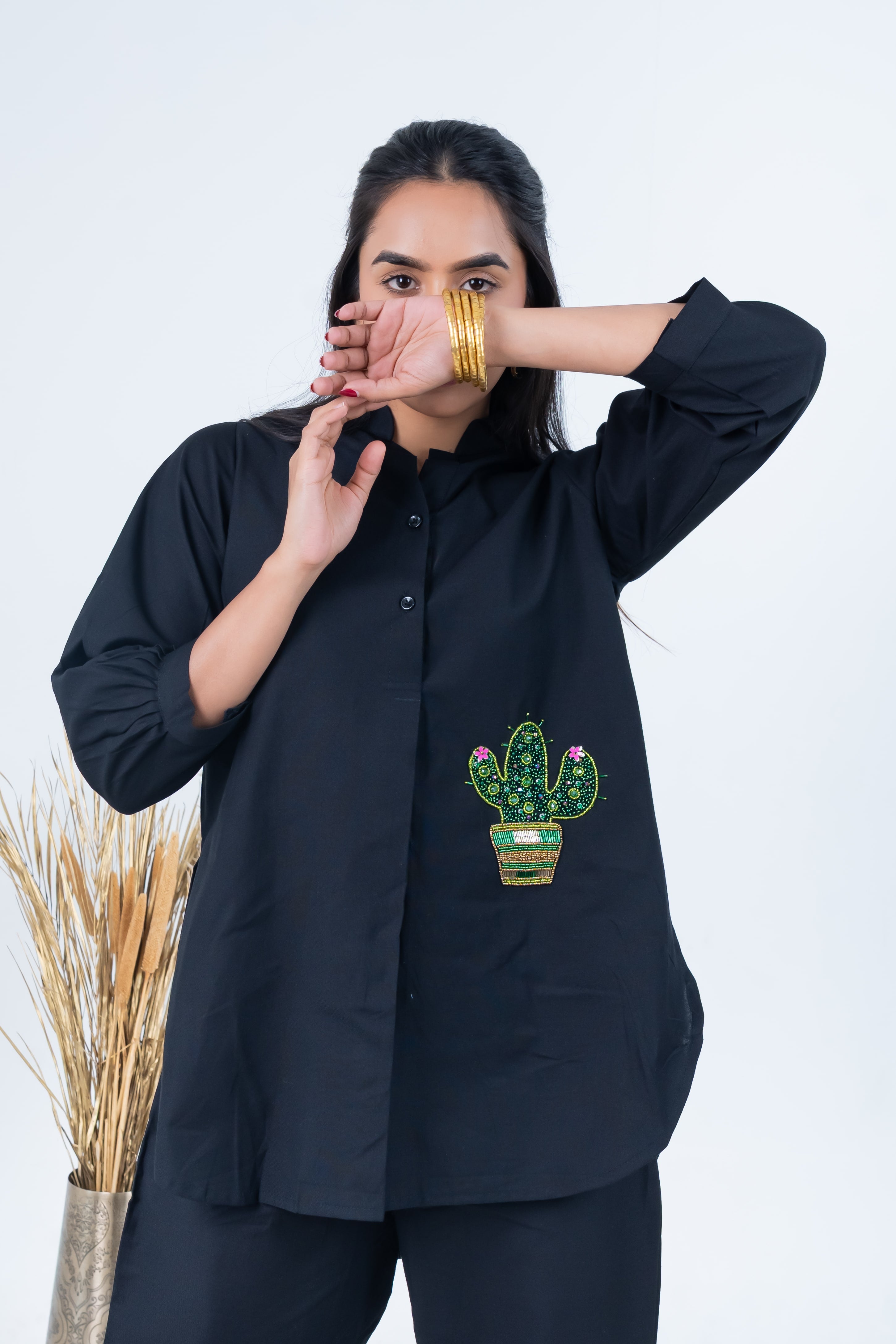 Black Cotton Co-Ord with Cactus Embroidery