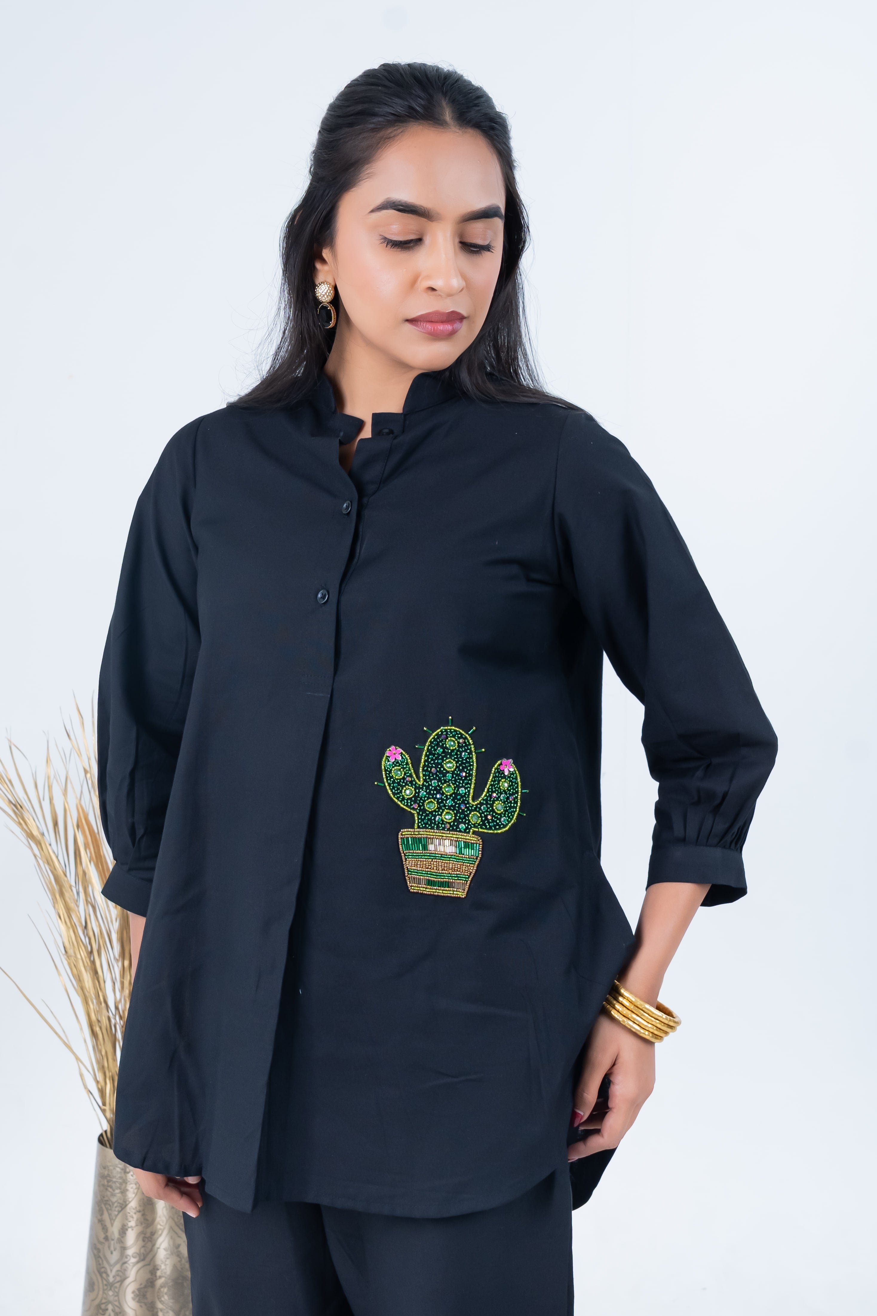 Black Cotton Co-Ord with Cactus Embroidery