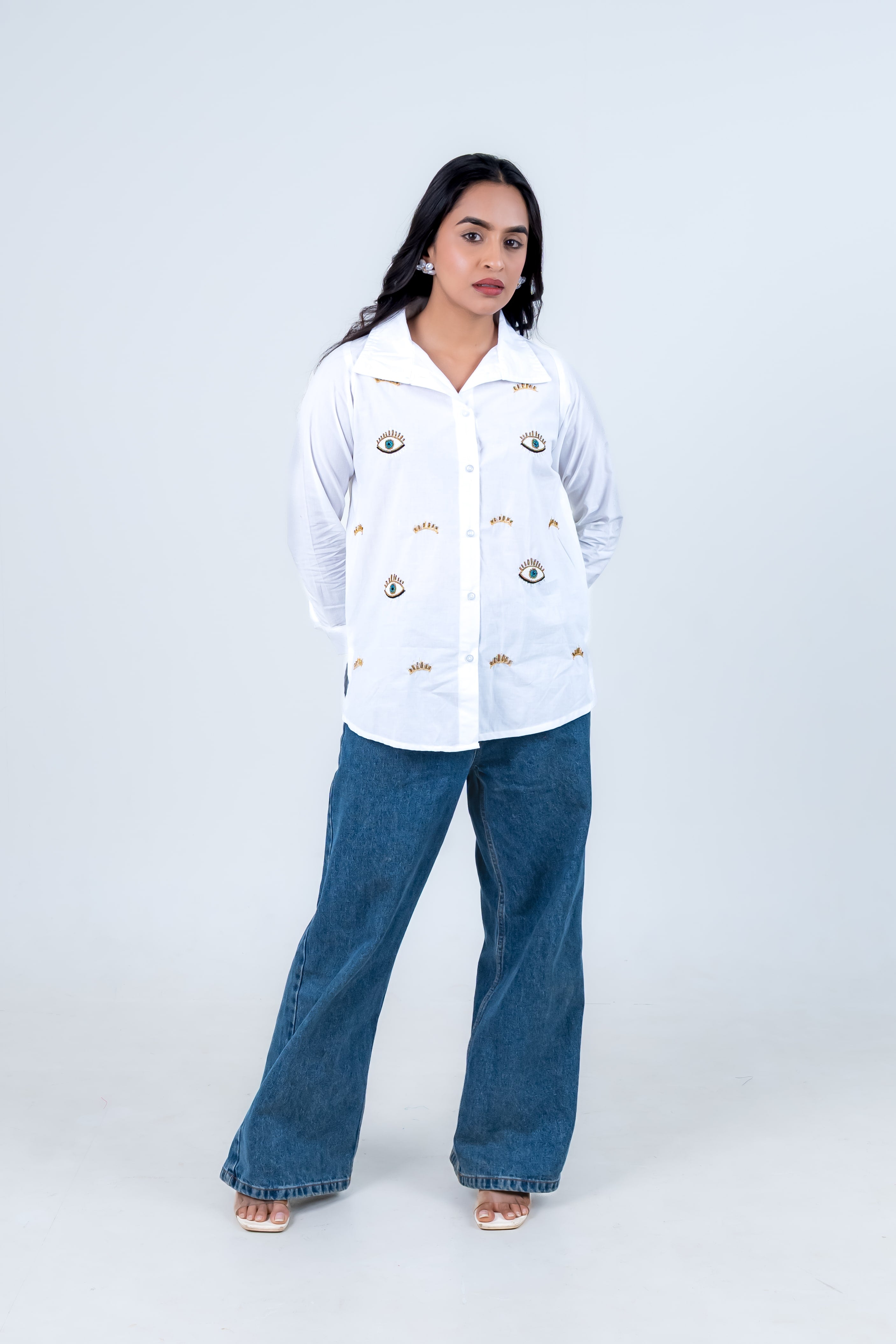 White Cotton Shirt With Evil Eye Embroidery