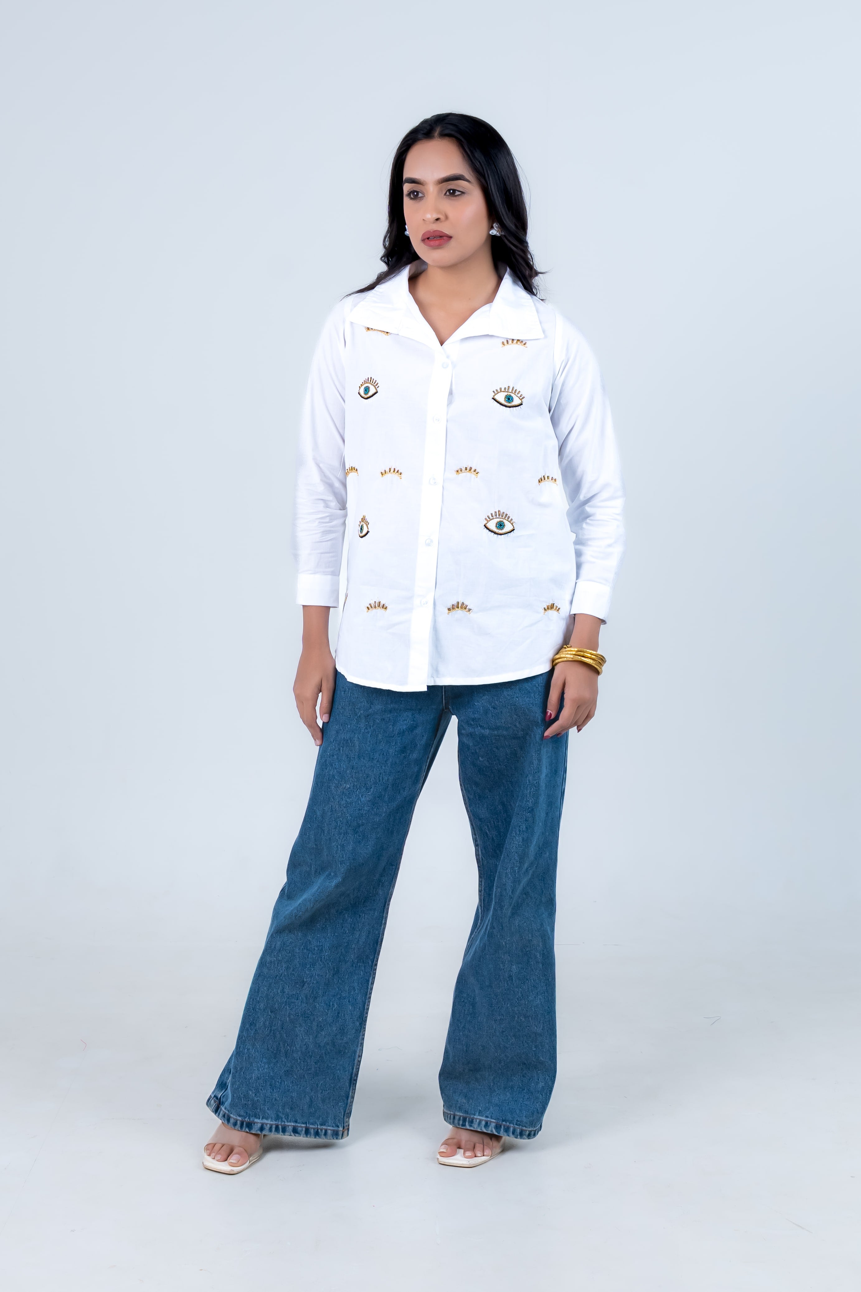 White Cotton Shirt With Evil Eye Embroidery