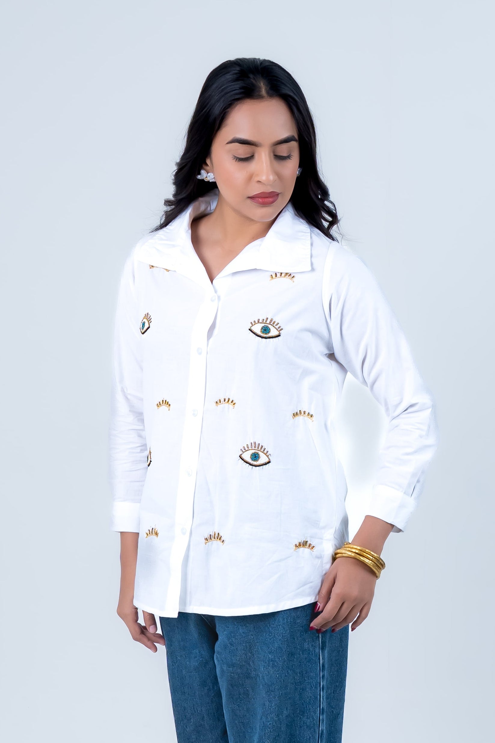 White Cotton Shirt With Evil Eye Embroidery
