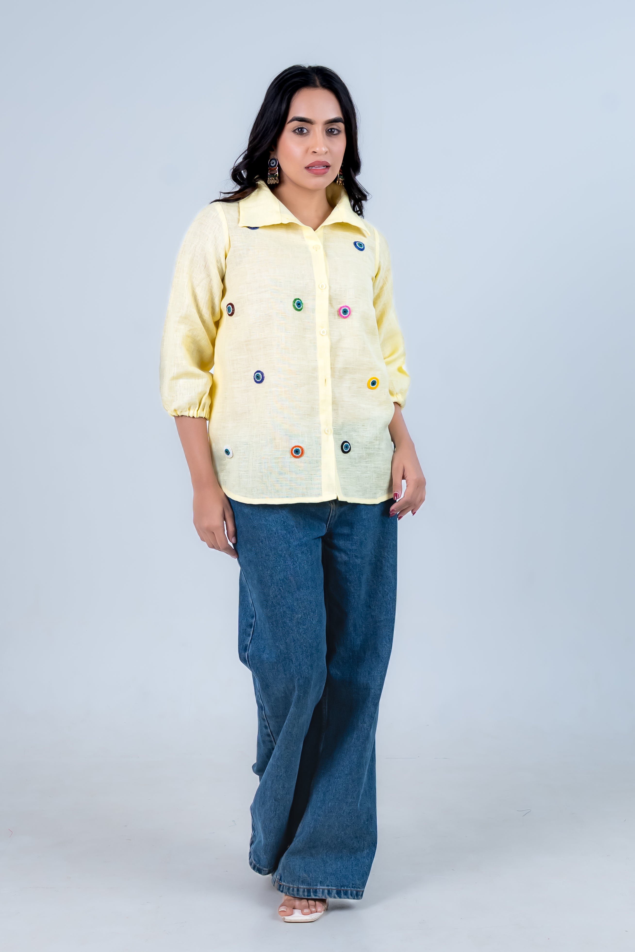 Yellow Cotton Linen Shirt With Evil Eye Embroidery