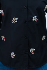 Black shirt with pearl and bead popcorn embellishments, stylish women's fashion
