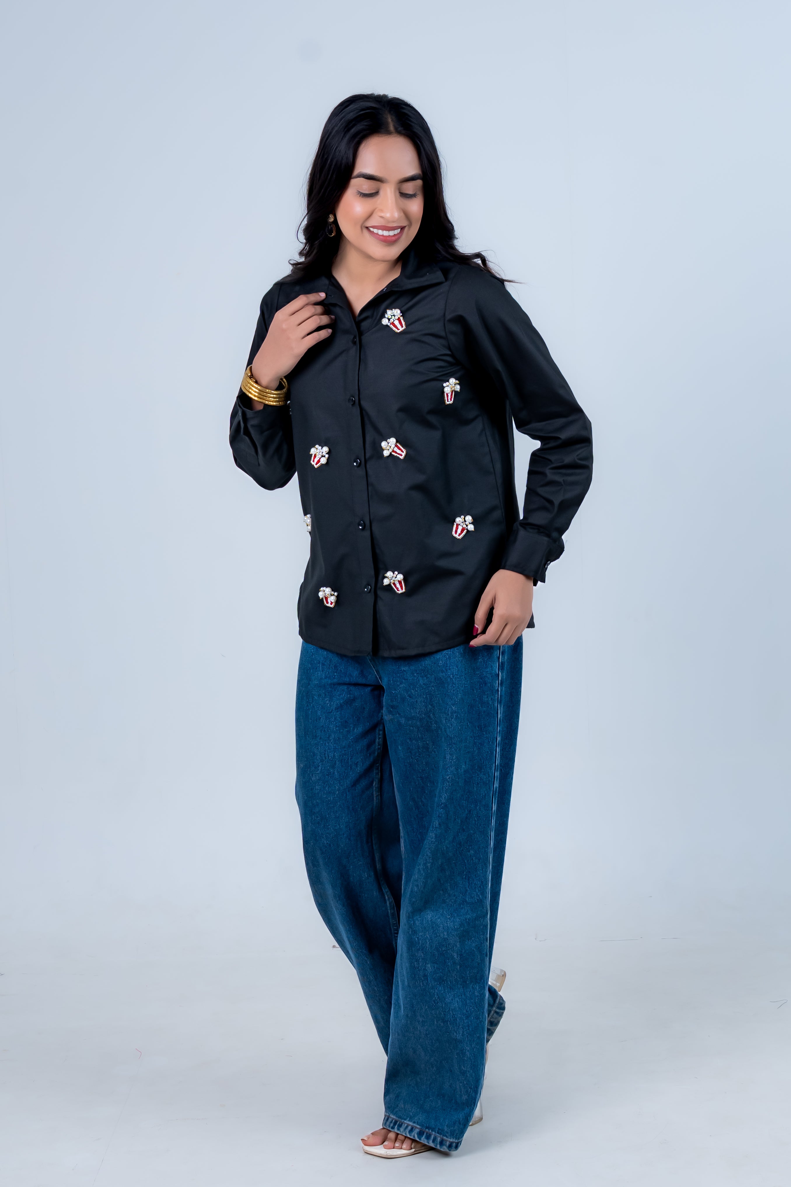 Black Cotton Shirt With Popcorn Embroidery