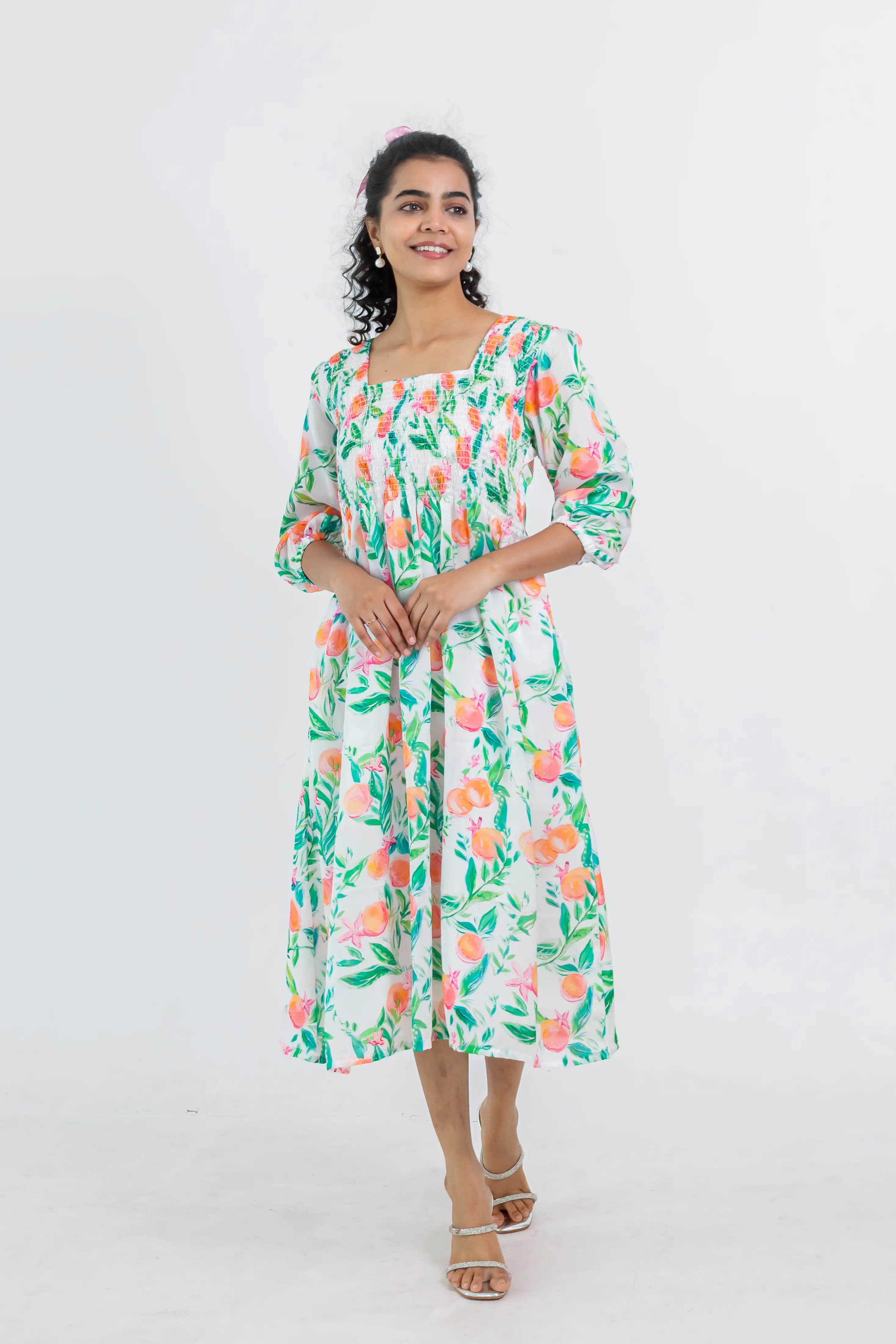 White Floral Print Smocked Georgette Dress