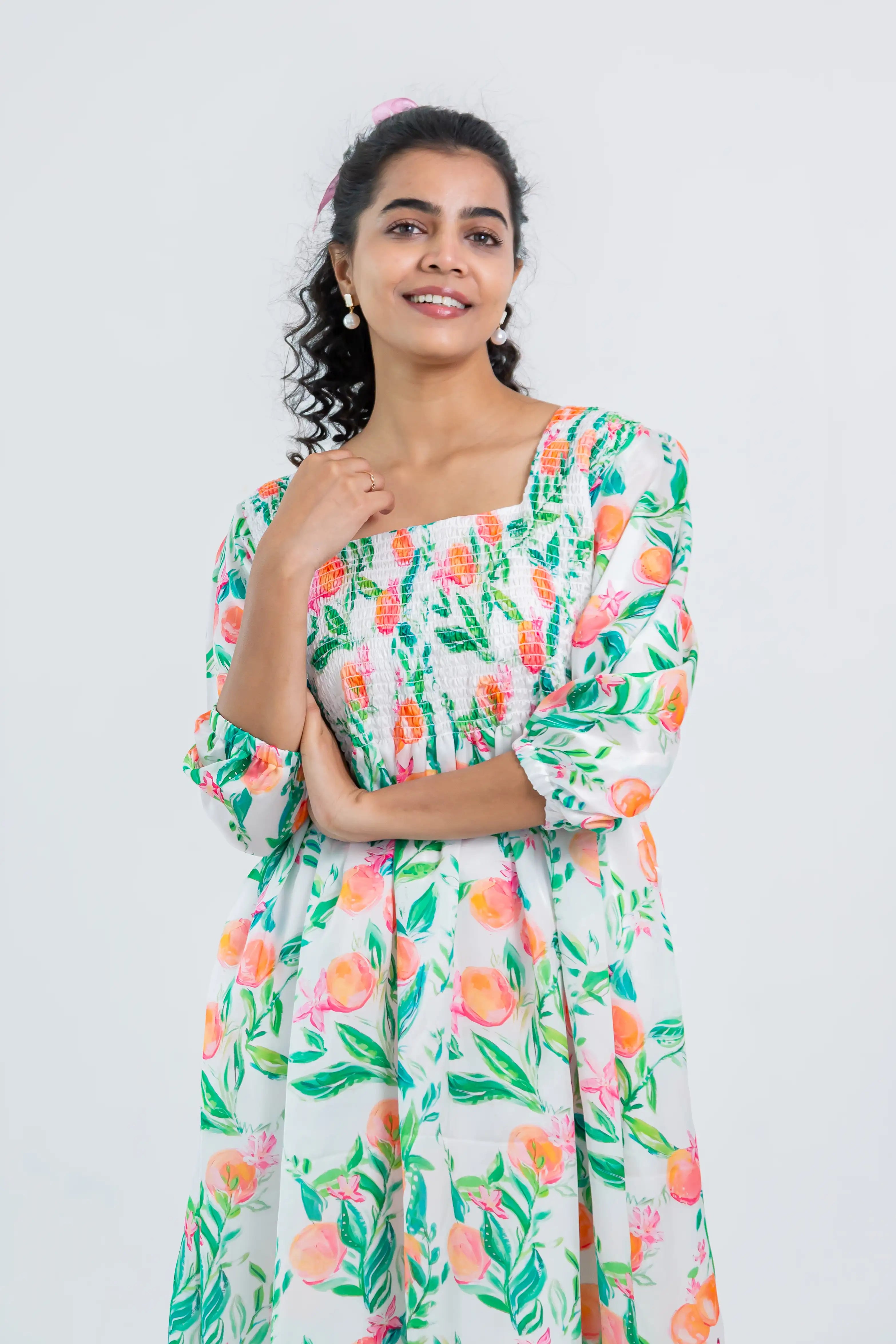 White Floral Print Smocked Georgette Dress