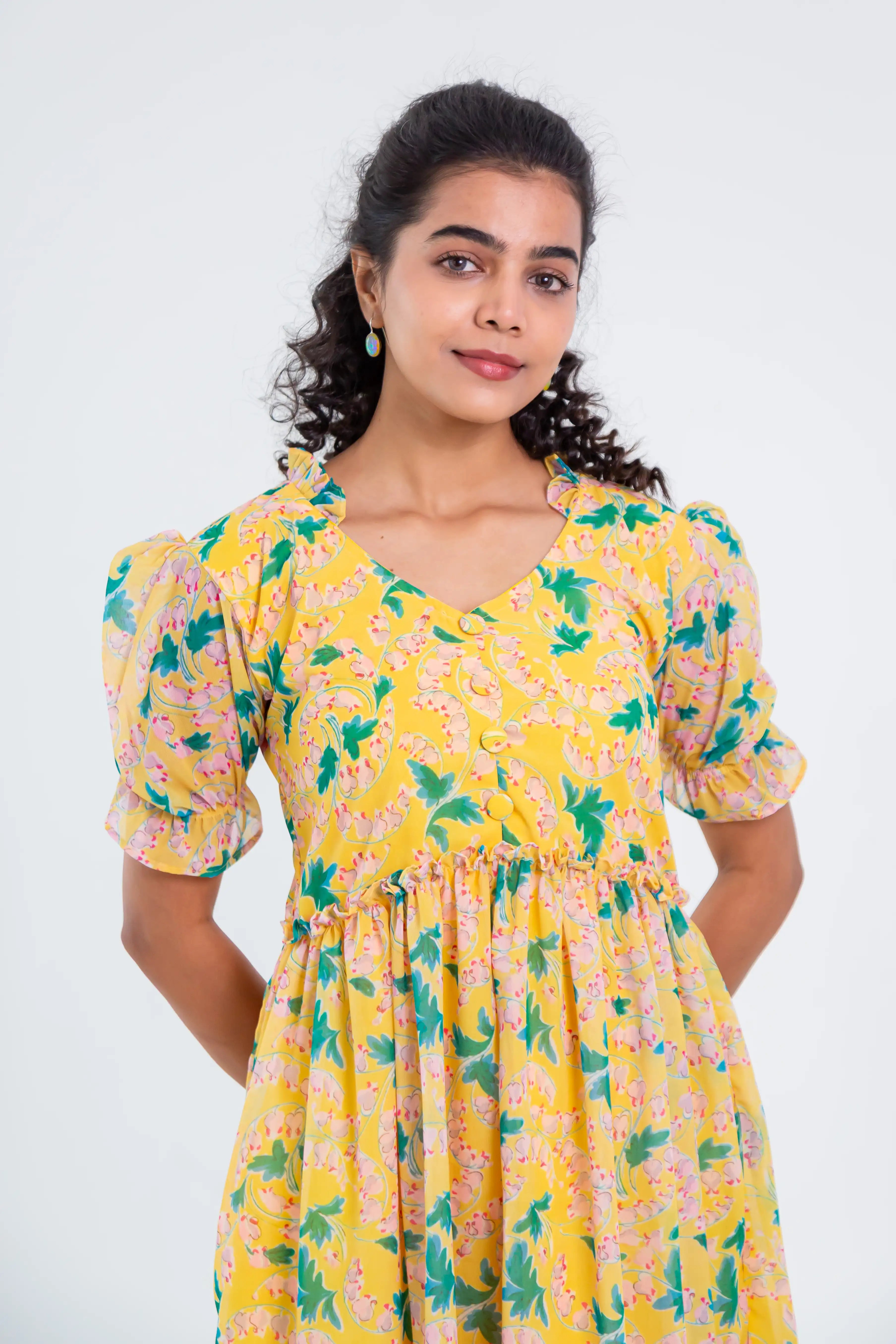 Yellow Floral Print Georgette Dress