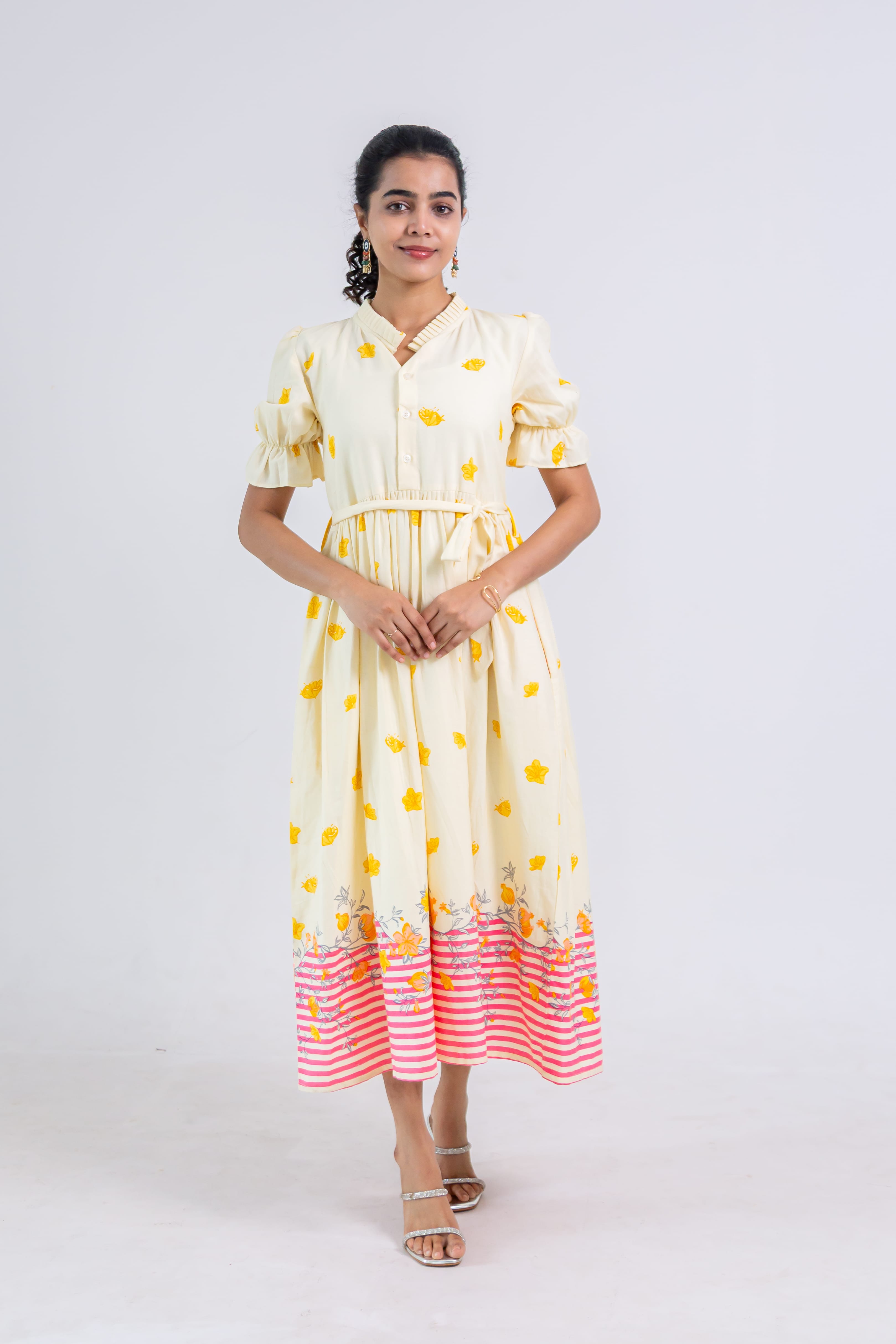 Off-White Hand Block Print Cotton Dress (pink)
