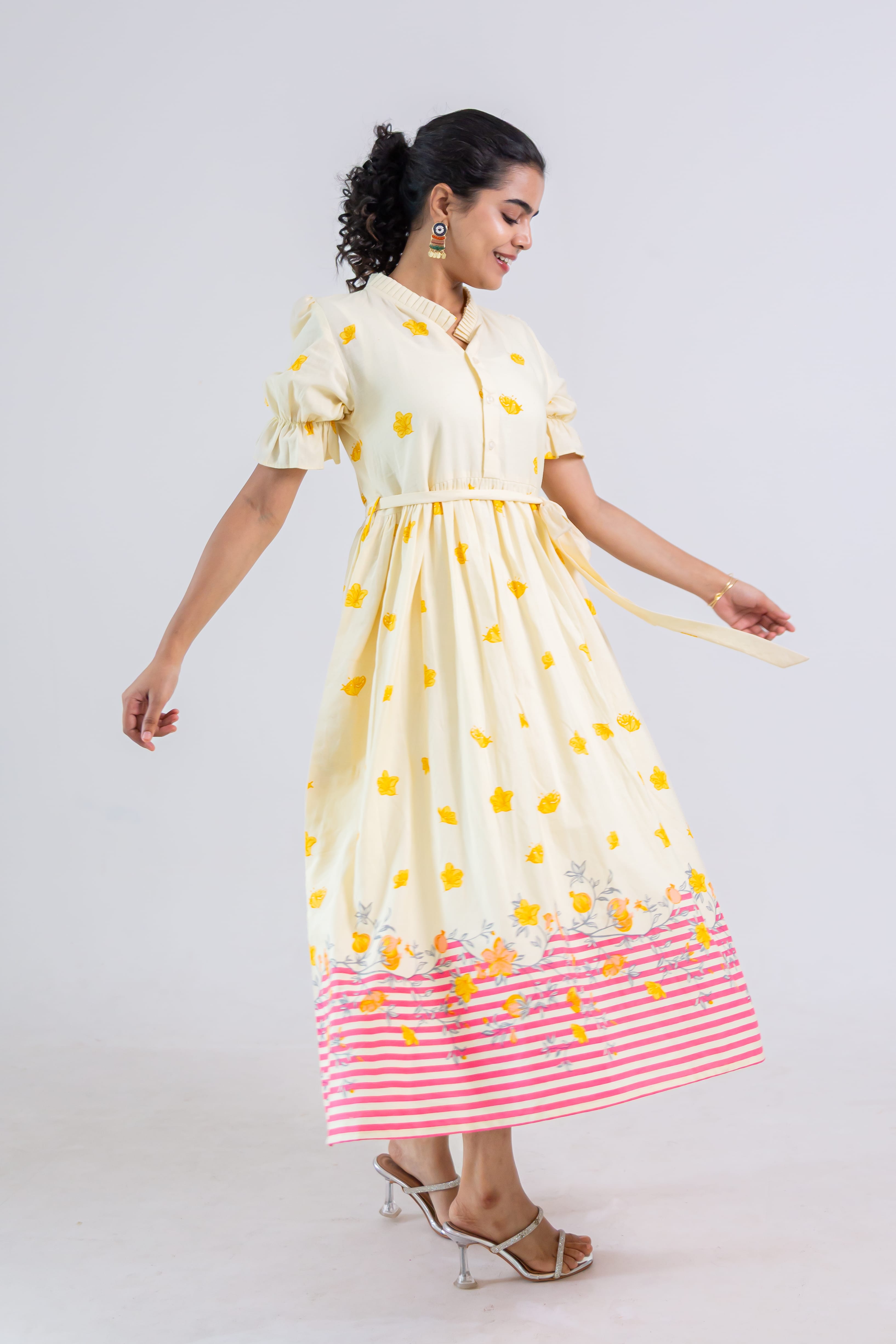 Off-White Hand Block Print Cotton Dress (pink)