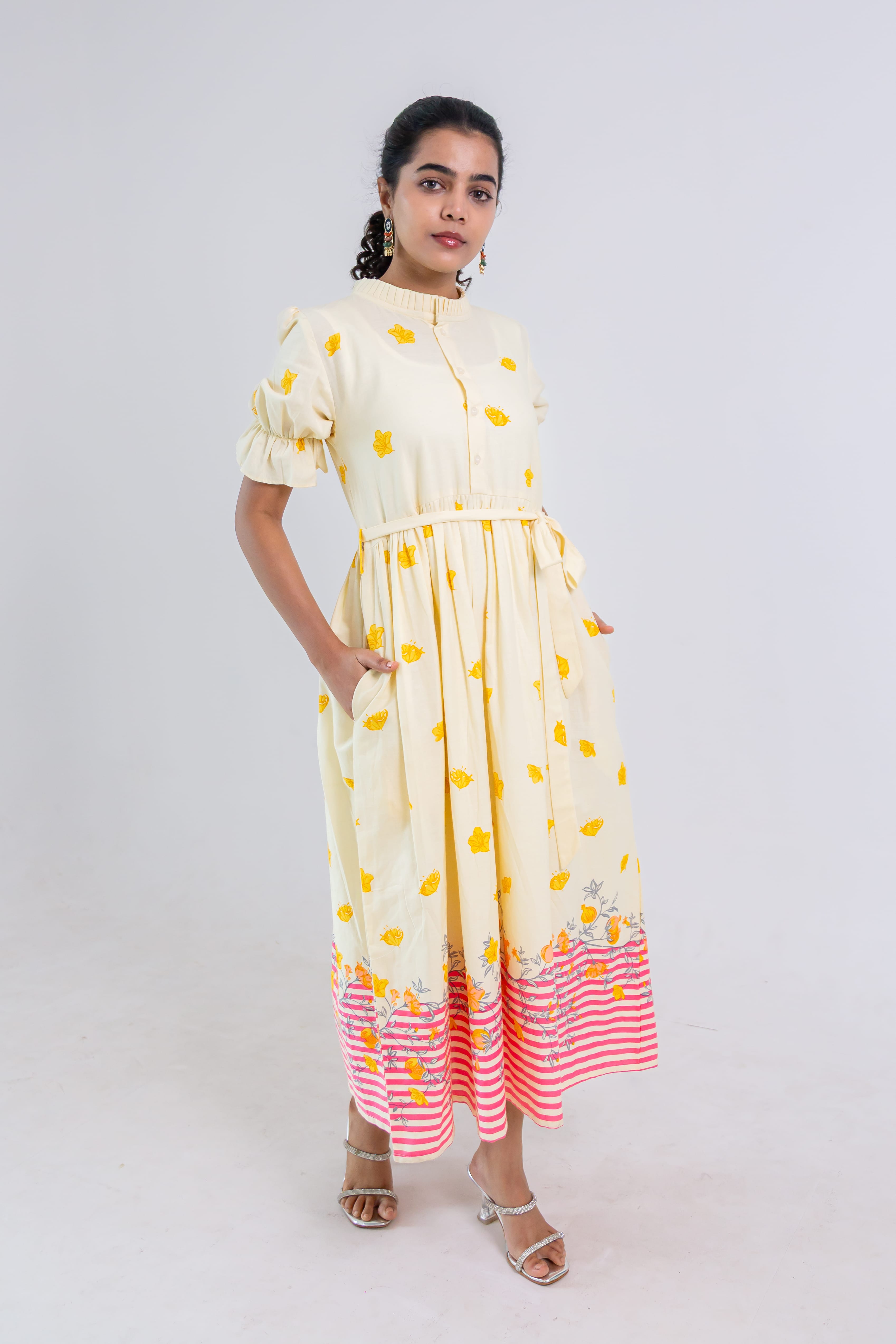Off-White Hand Block Print Cotton Dress (pink)