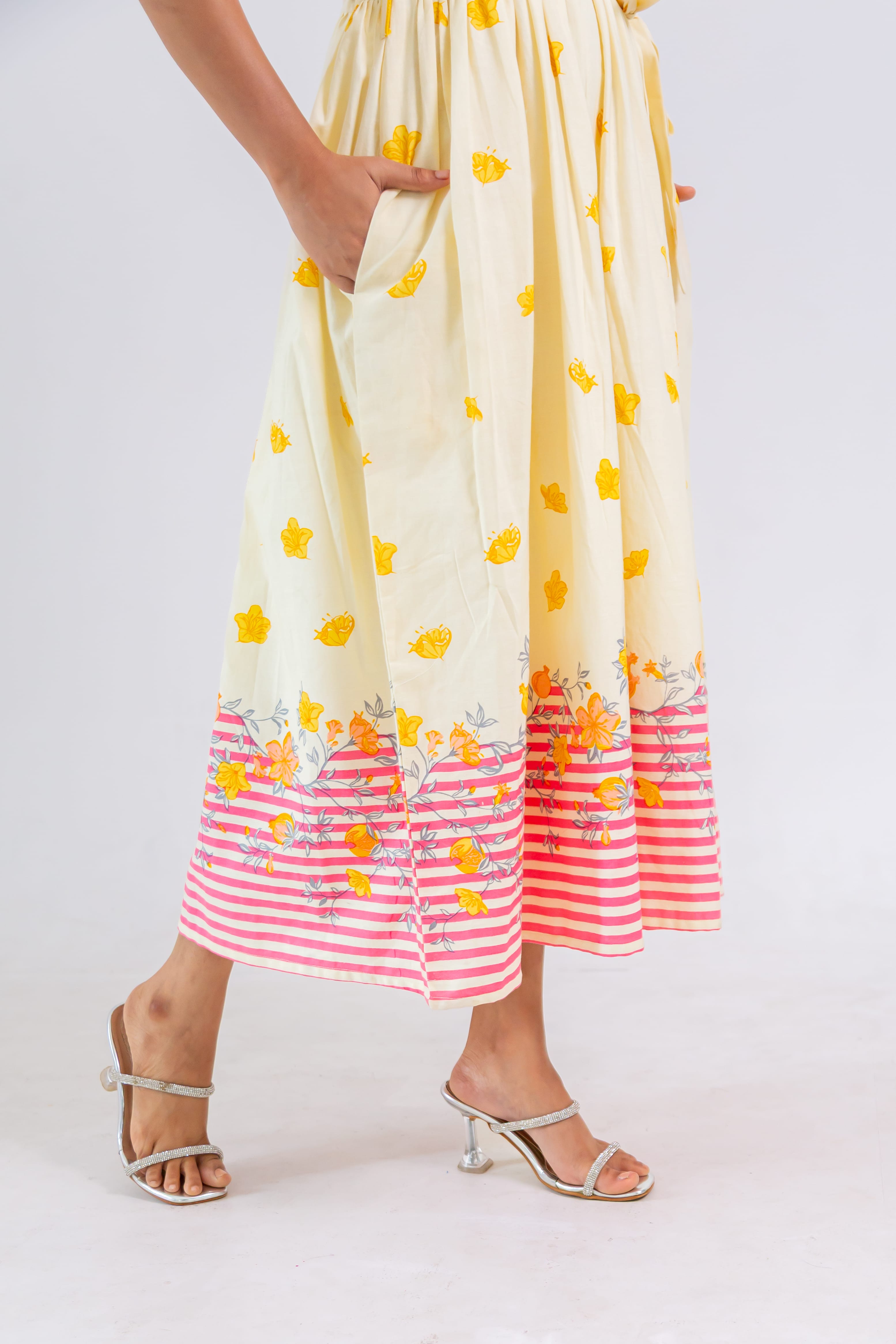 Off-White Hand Block Print Cotton Dress (pink)