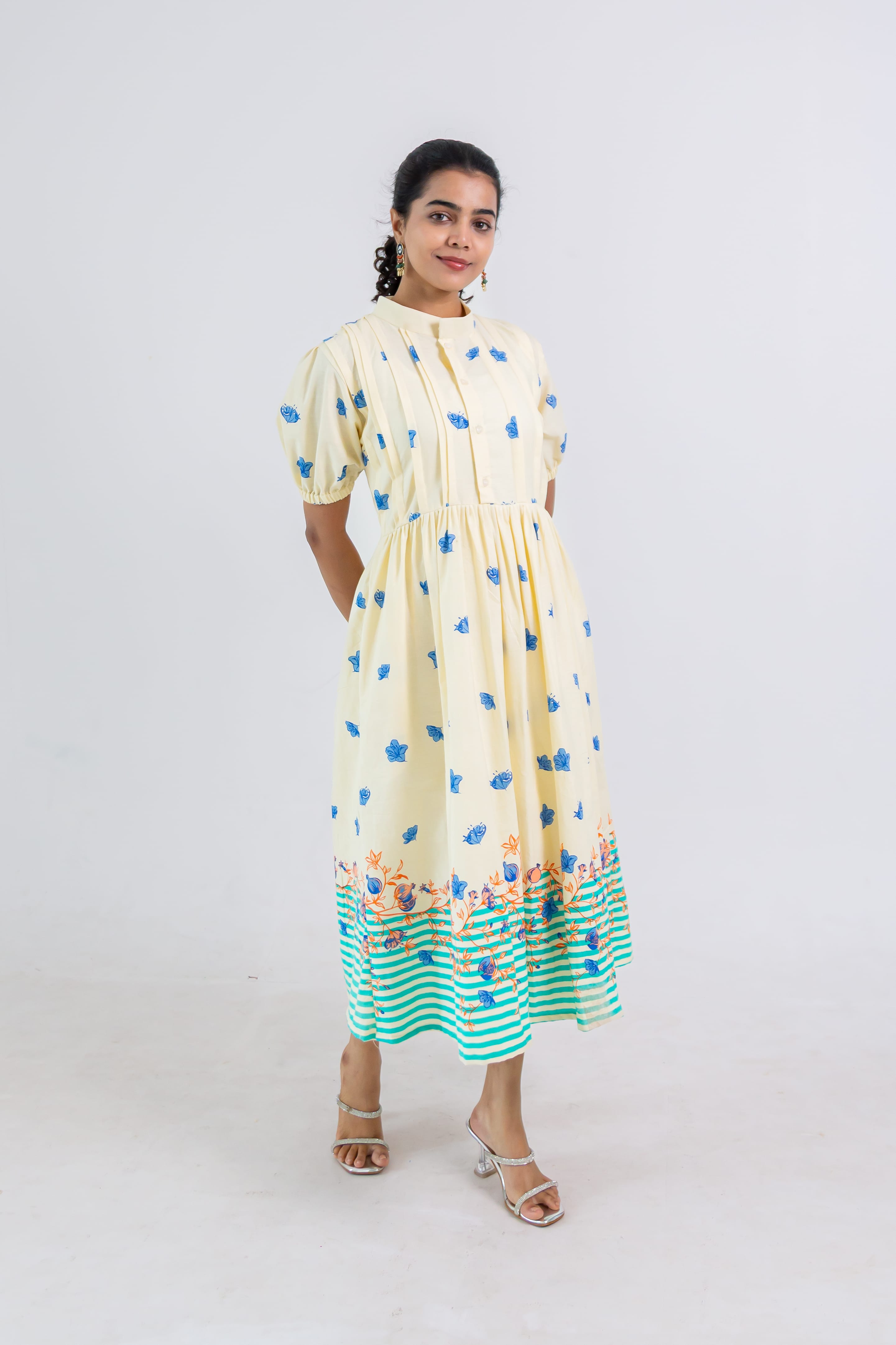 Off-White Hand Block Print Cotton Dress (green)